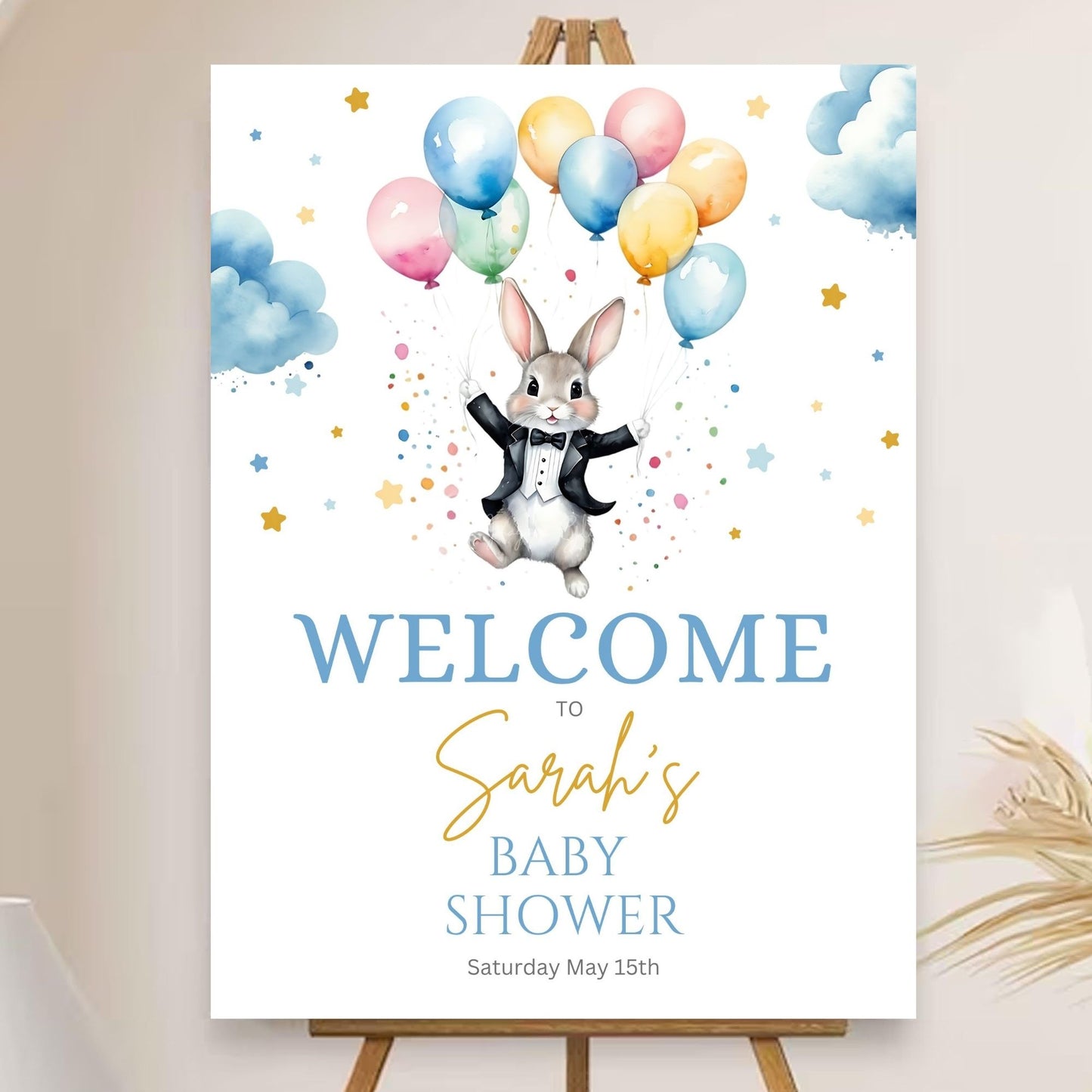 Baby boy bunny party poster with balloon theme.