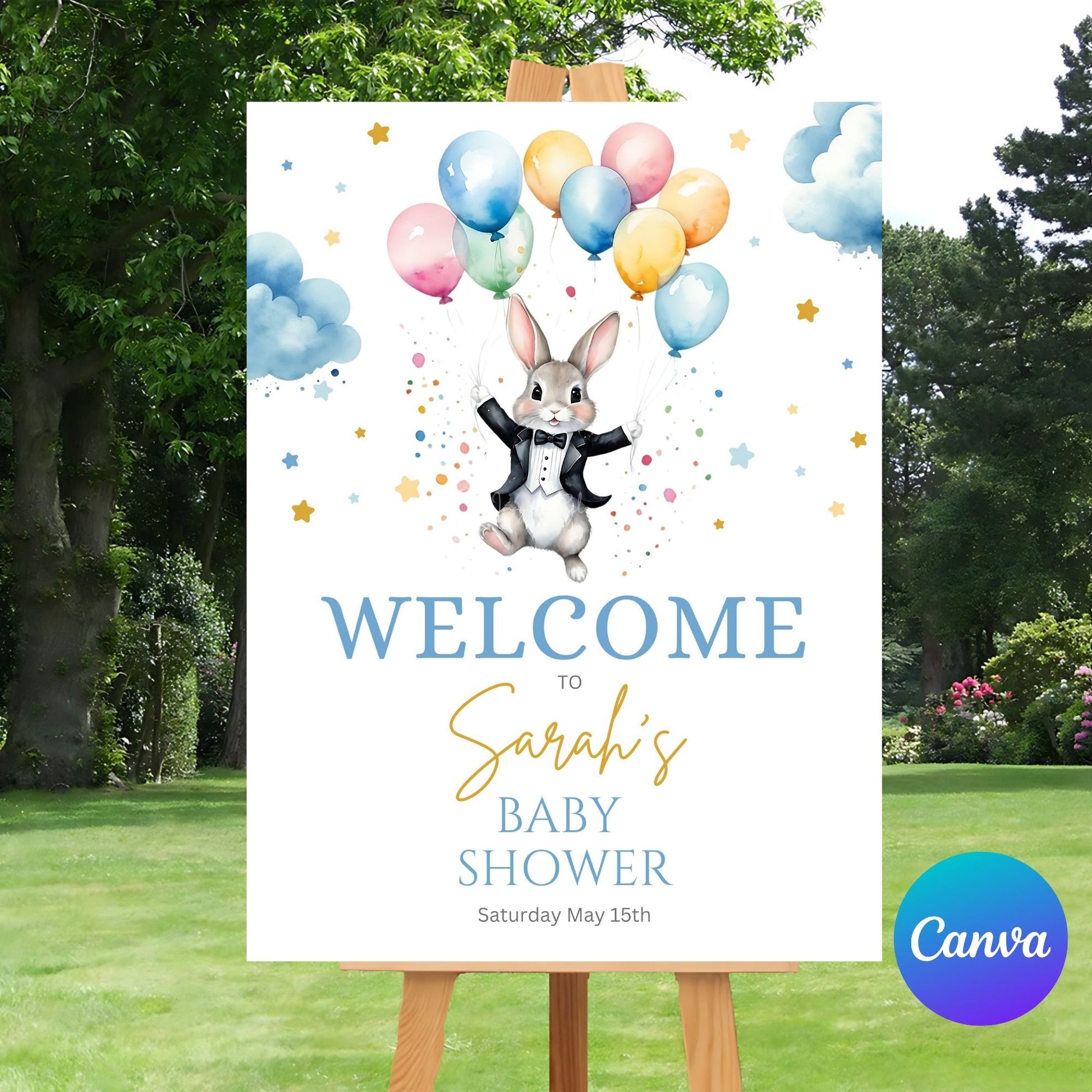 Custom baby shower sign featuring bunny and balloons.