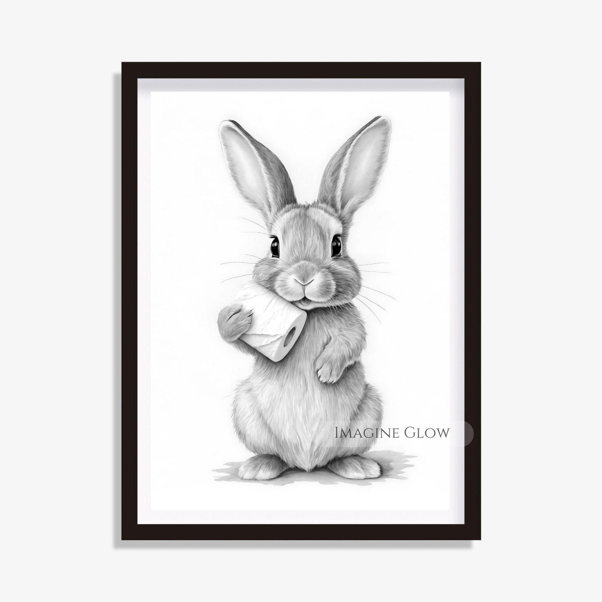 Black and white bunny bathroom print featuring a rabbit with toilet paper.