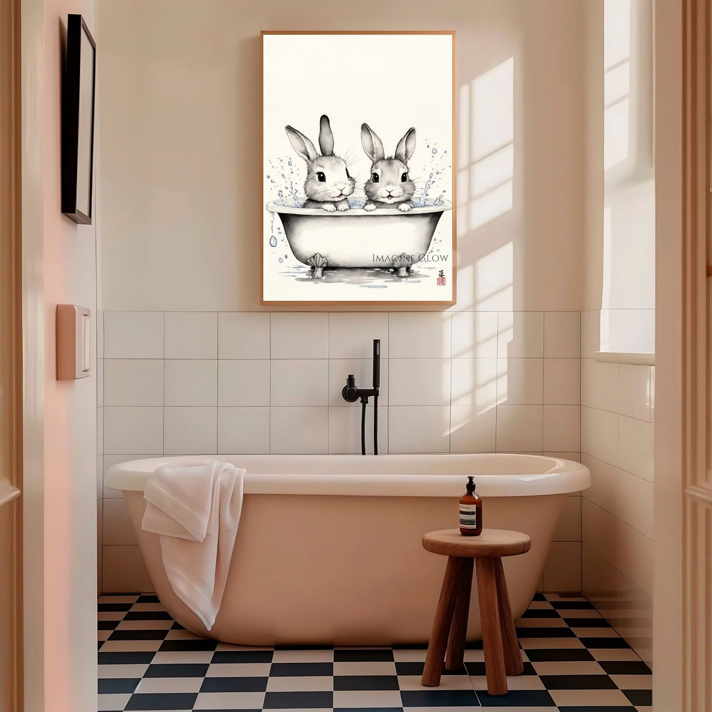 Adorable two bunnies taking a bath print