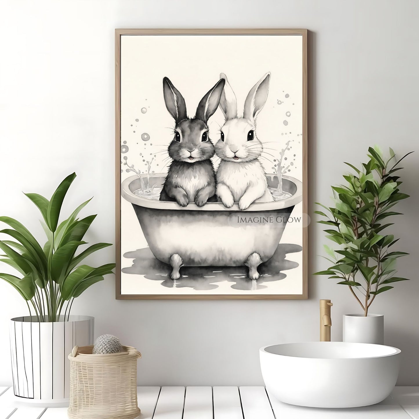 Cute bunny bathroom decor black-and-white print