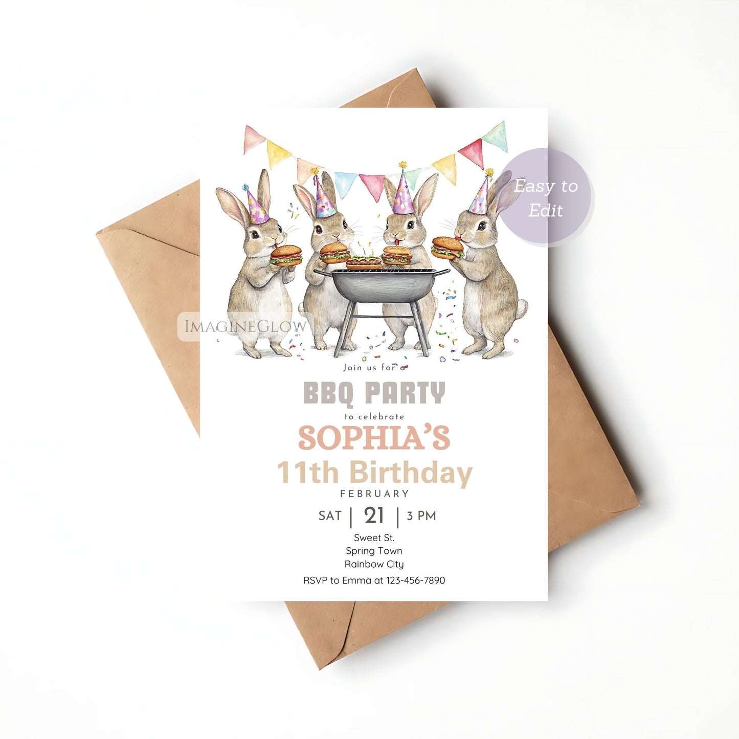 Printable rabbit BBQ birthday invite for summer cookout