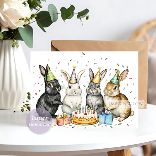 Birthday card with rabbits wearing party hats and a cake