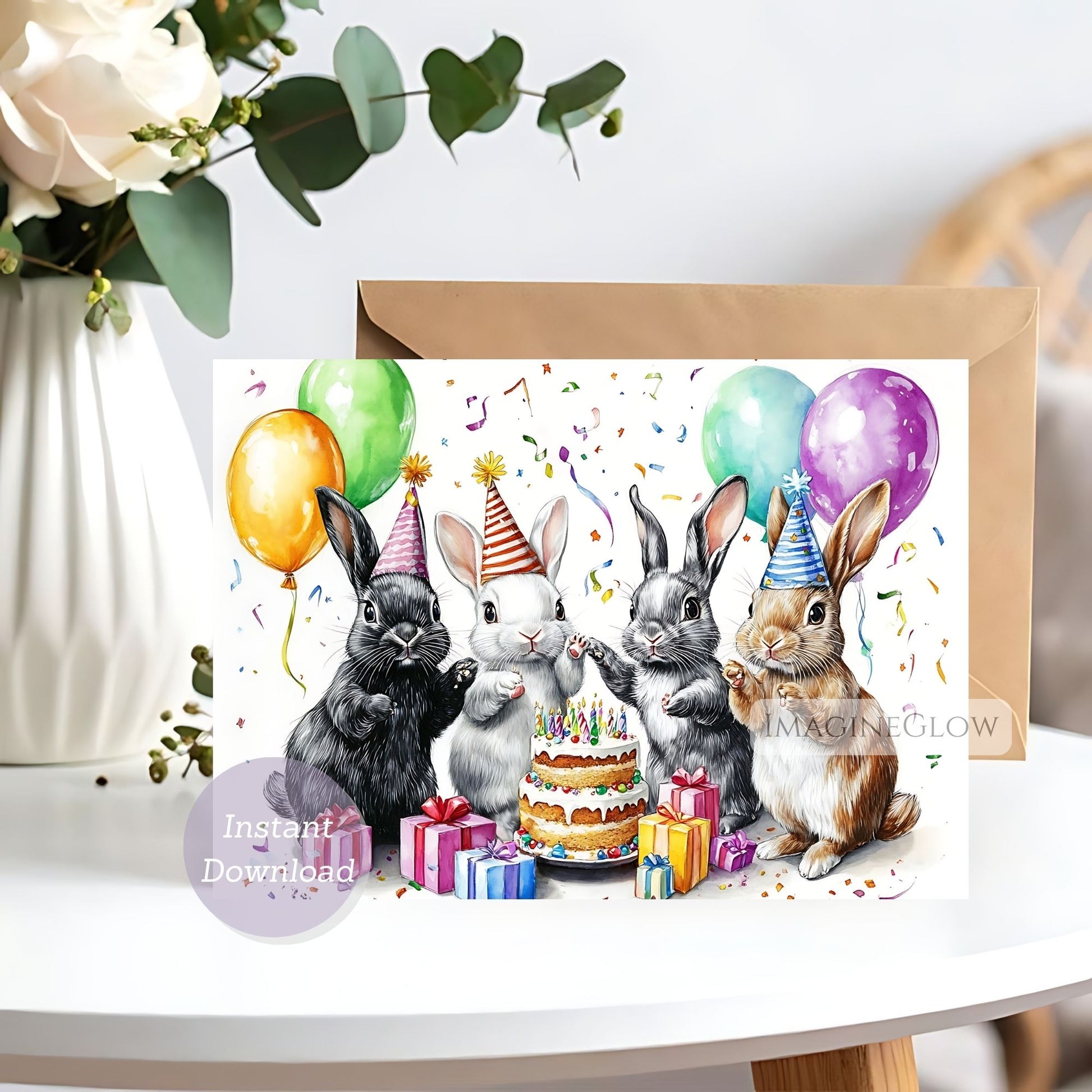 Birthday card with rabbits celebrating a birthday, featuring balloons and a cake.