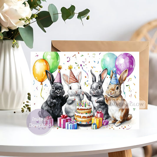 Birthday card with rabbits celebrating a birthday, featuring balloons and a cake.