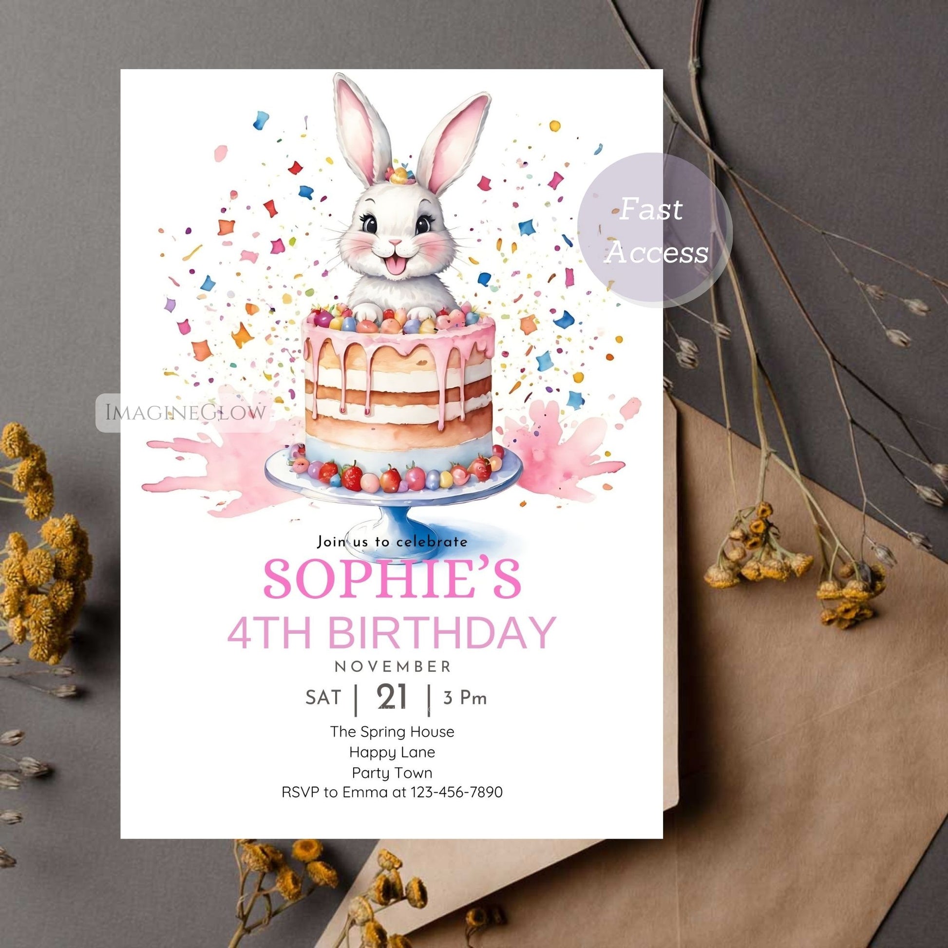 Woodland-themed bunny birthday invitation for kids.