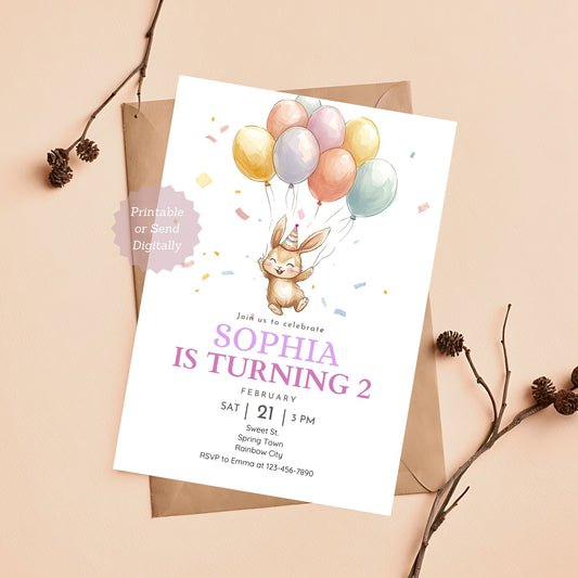Bunny with Balloon Birthday Invitation - Cute Rabbit Theme