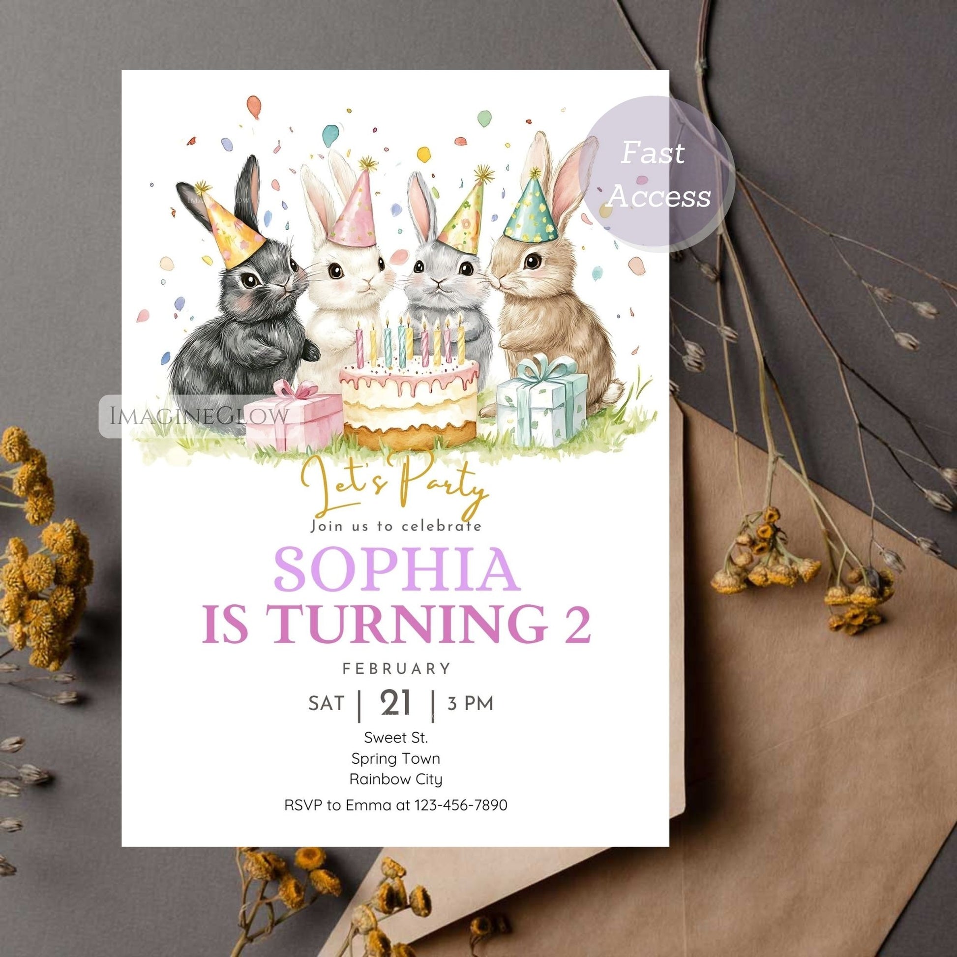 Adorable Bunny Party Invitation for Kids
Spring Easter Bunny Birthday Invite