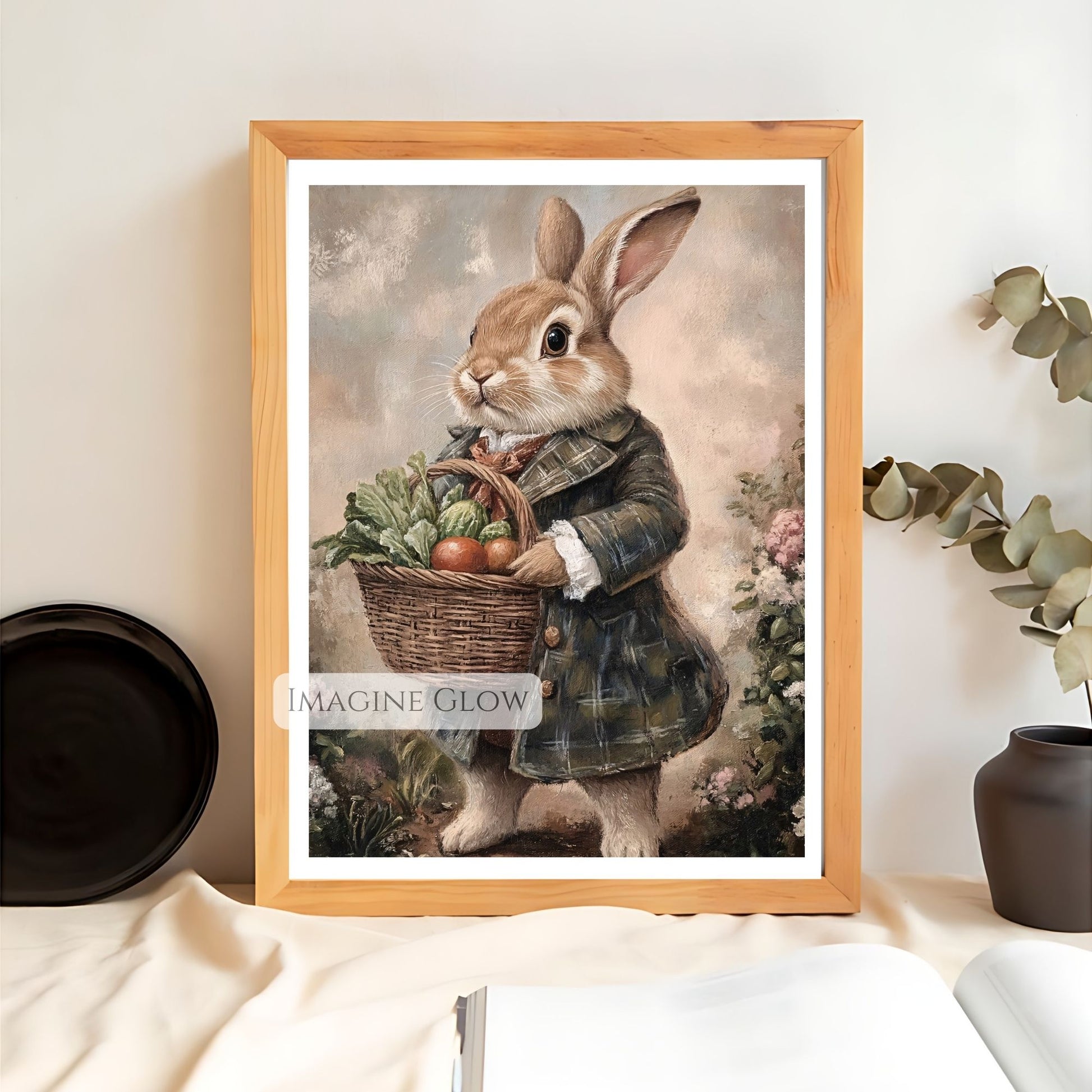 Victorian rabbit illustration with vegetables in a country setting.
