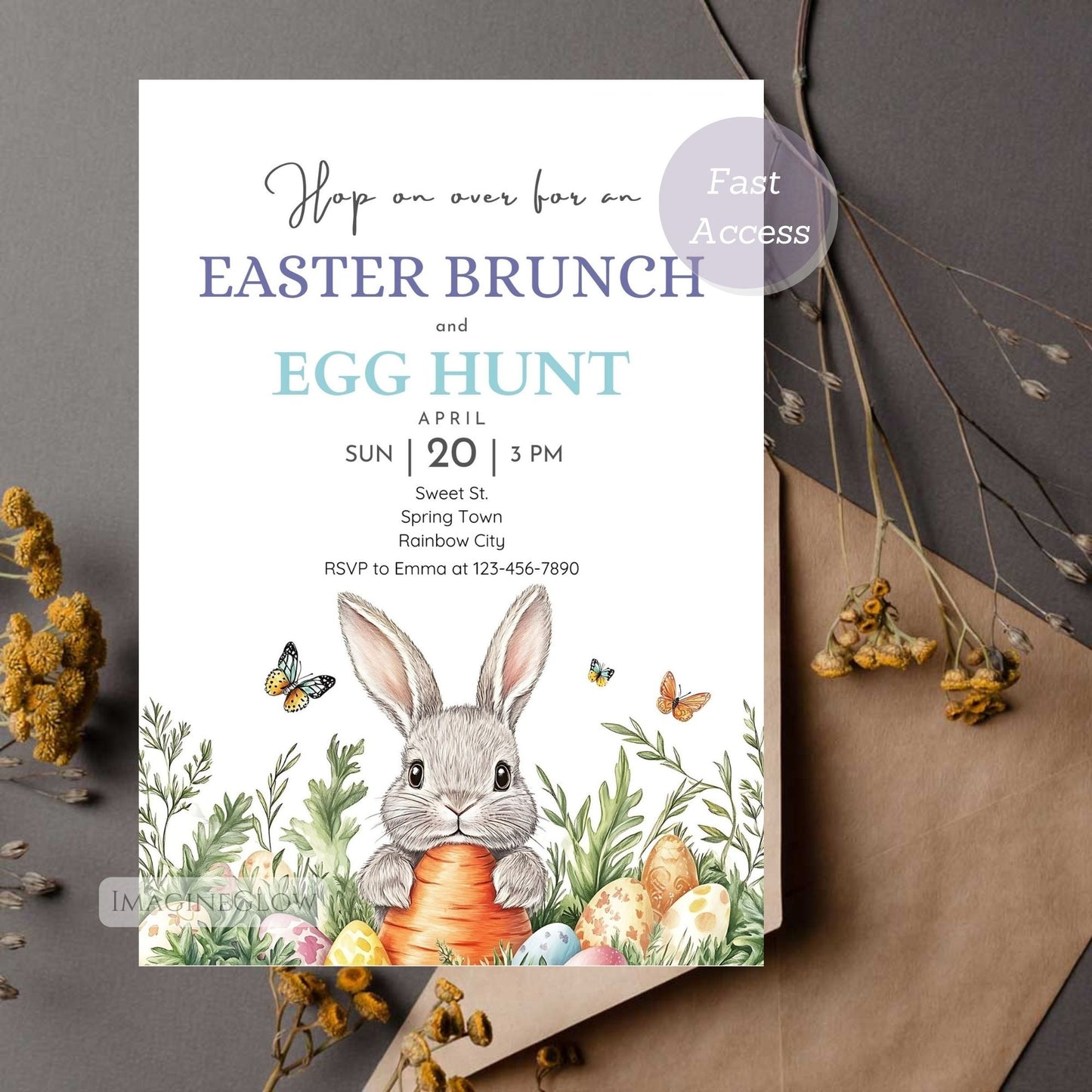 Bunny with Easter Basket and Eggs Invitation for Spring Party
Cute Bunny Easter Invitation with Basket and Eggs