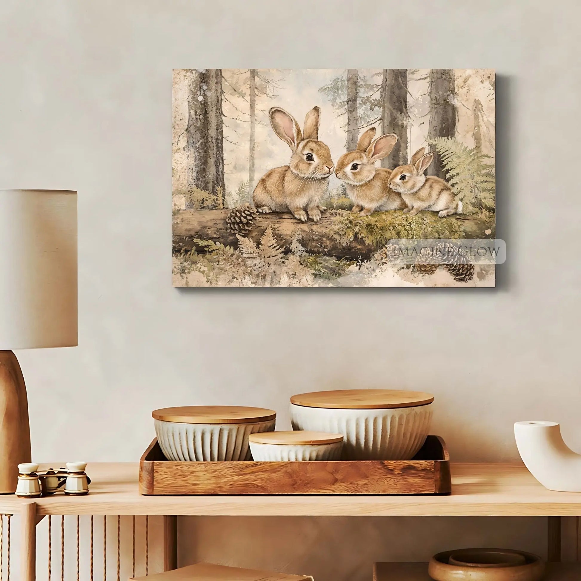 Antique-style rabbit family print with a forest backdrop.