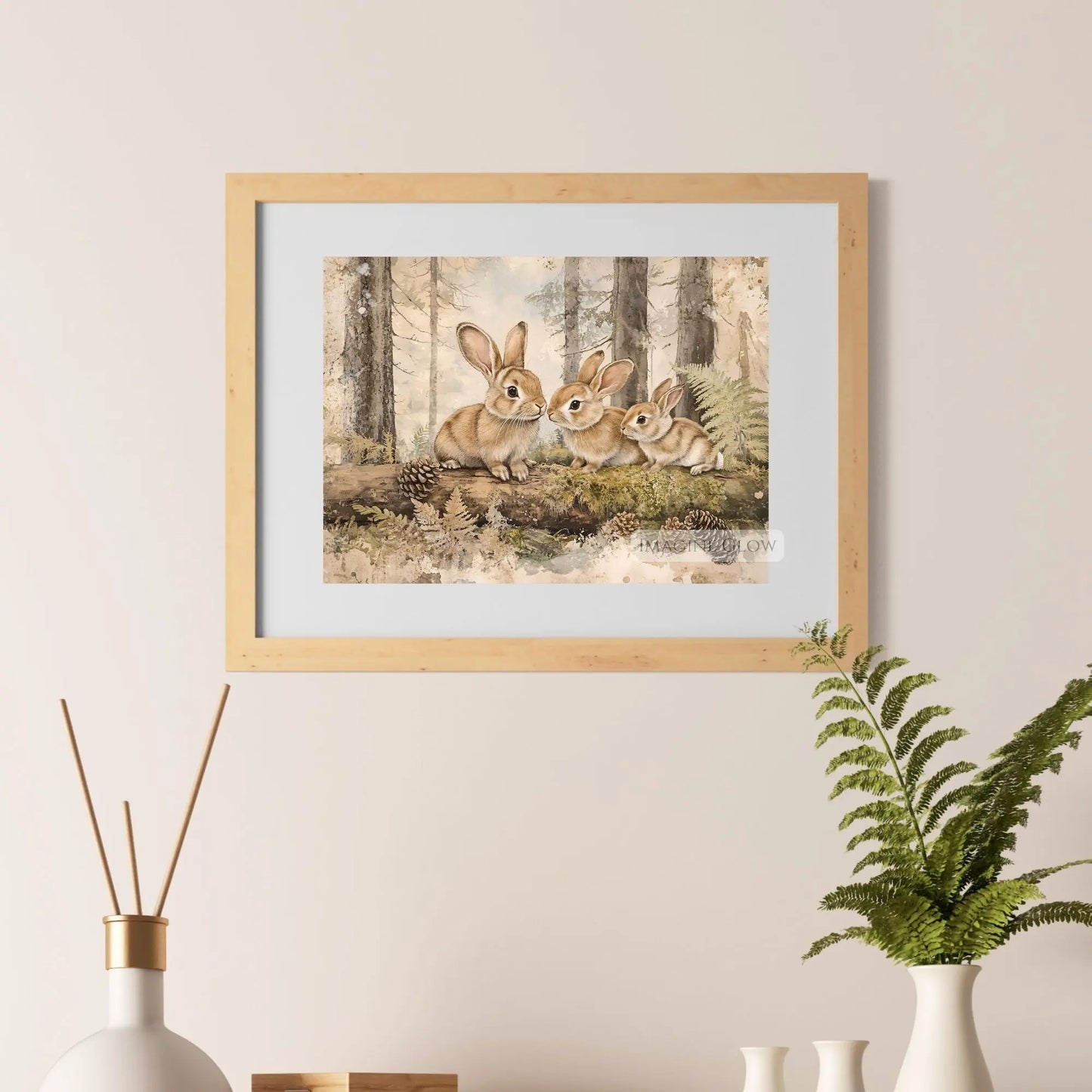 Woodland bunny family art for farmhouse decor.