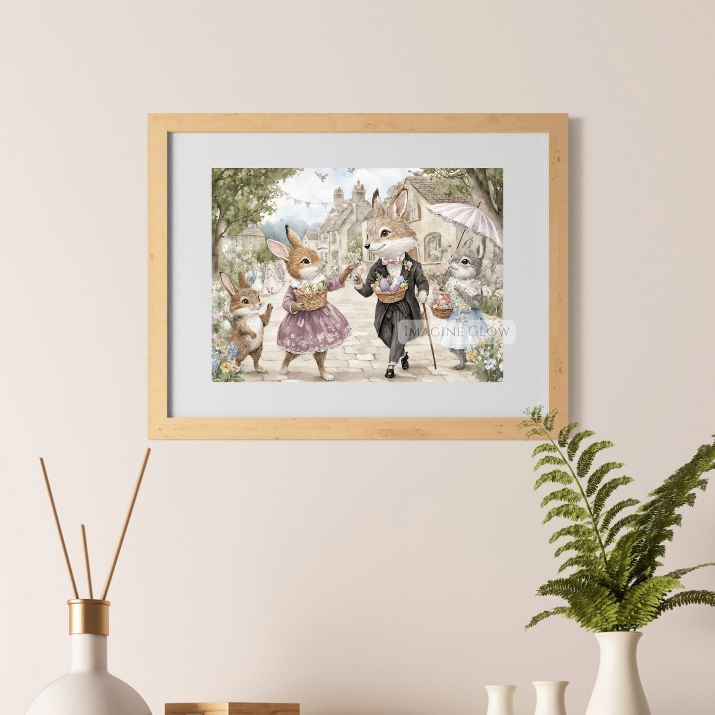 Antique Bunny and Fox Artwork - Easter Egg & Flowers