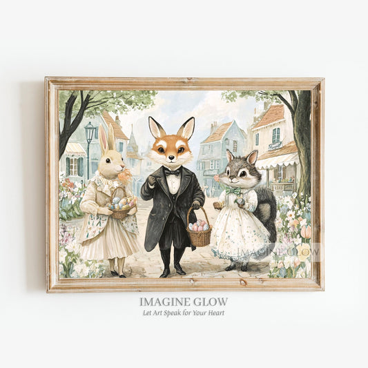 Victorian Bunny and Fox Wall Art with Easter Egg Basket