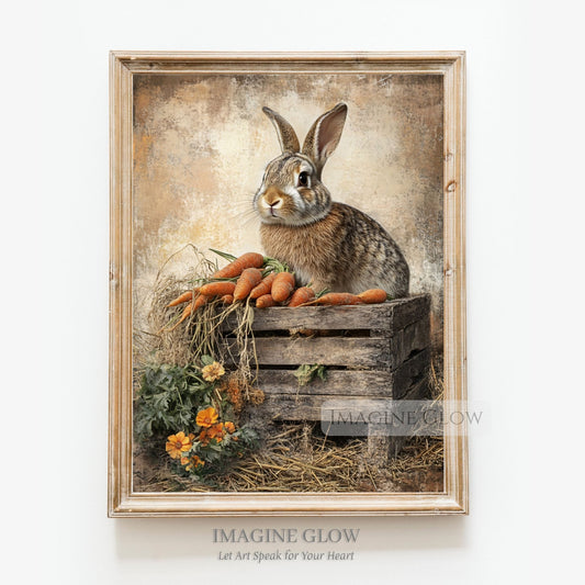 Vintage bunny in a carrot basket art print.