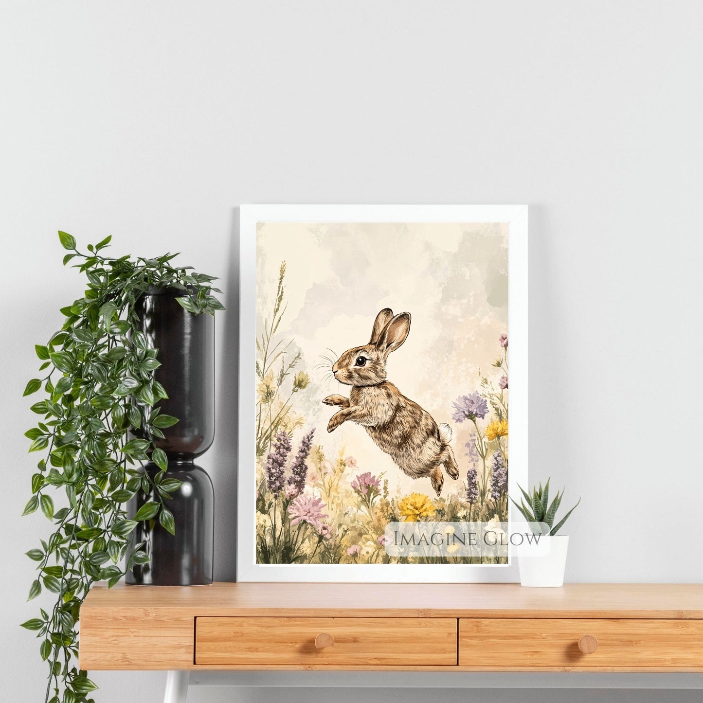 Peaceful bunny in wildflowers for home decor.