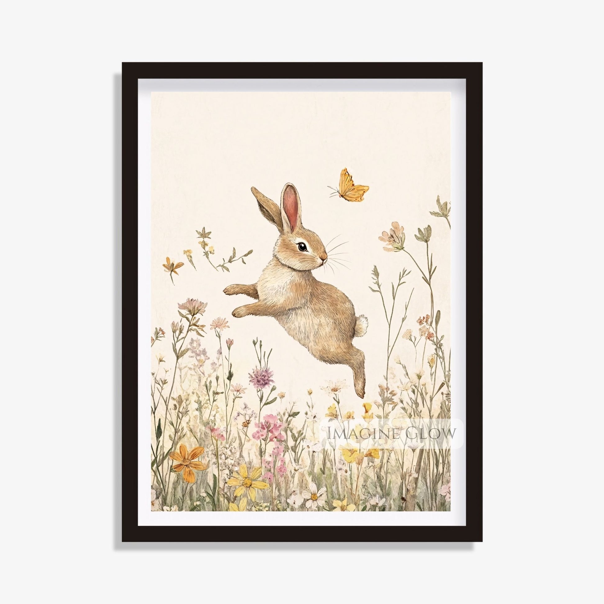 Adorable bunny in a field of wildflowers for baby room wall art.