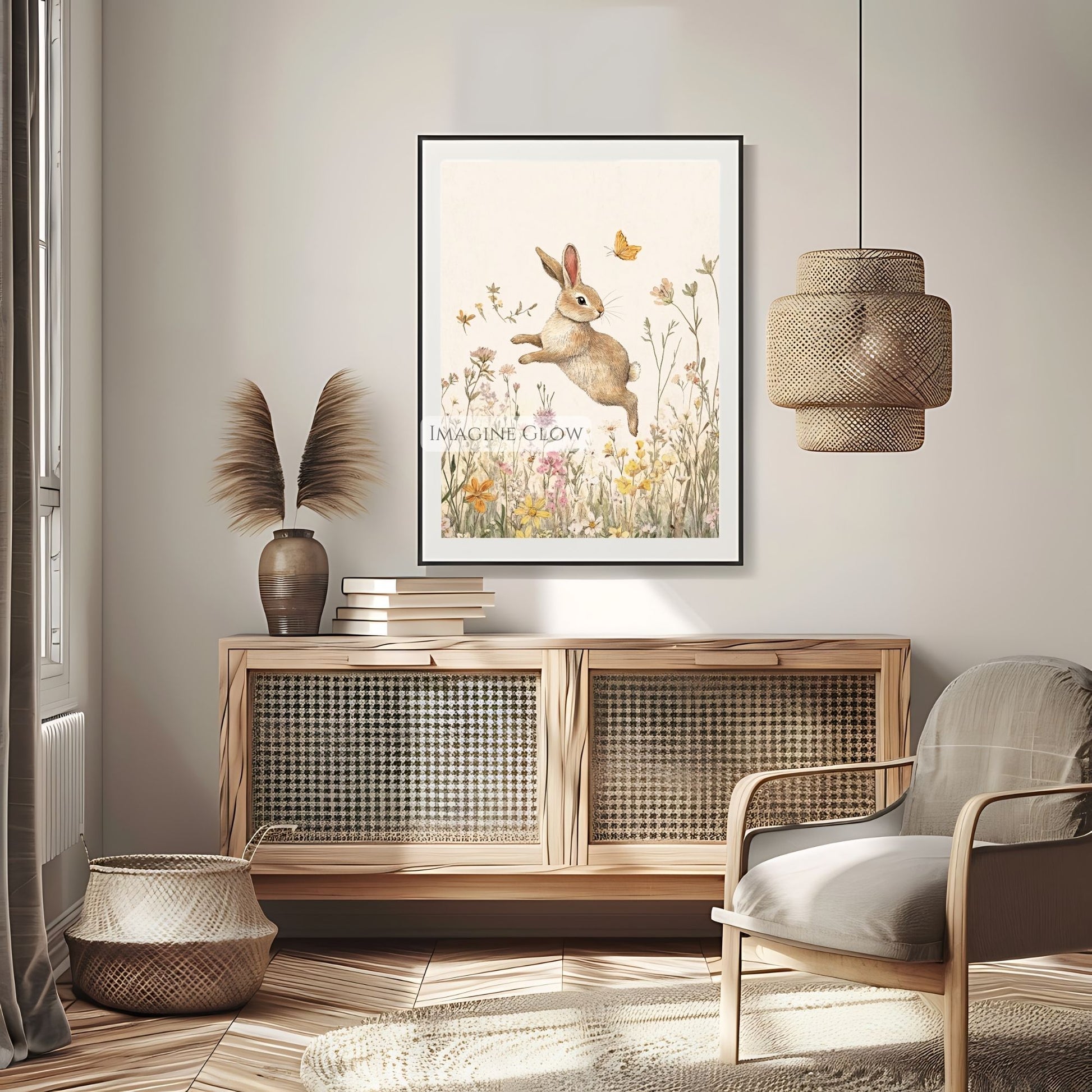 Nature-inspired bunny and floral print for baby nursery.
