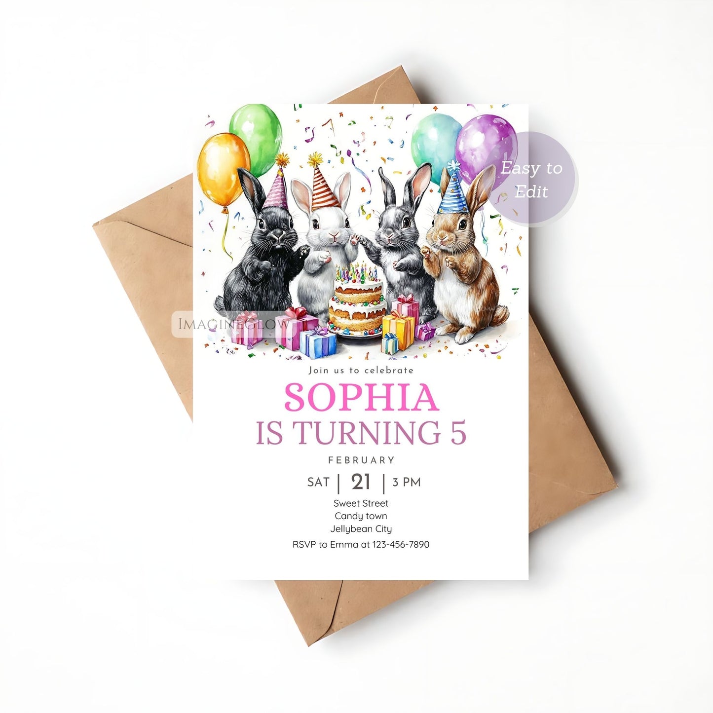 Four bunnies birthday invitation for kids