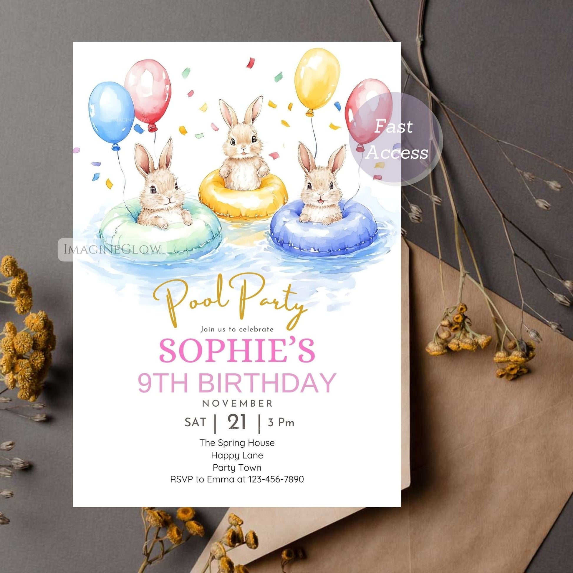 Digital bunny birthday invitation for instant download.