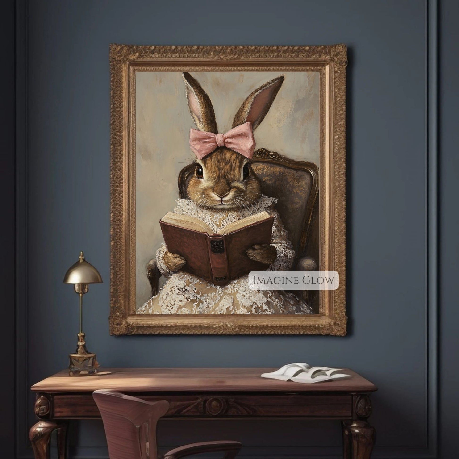 Vintage bunny reading book illustration