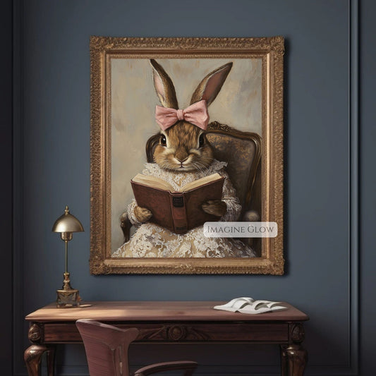 Vintage bunny reading book illustration