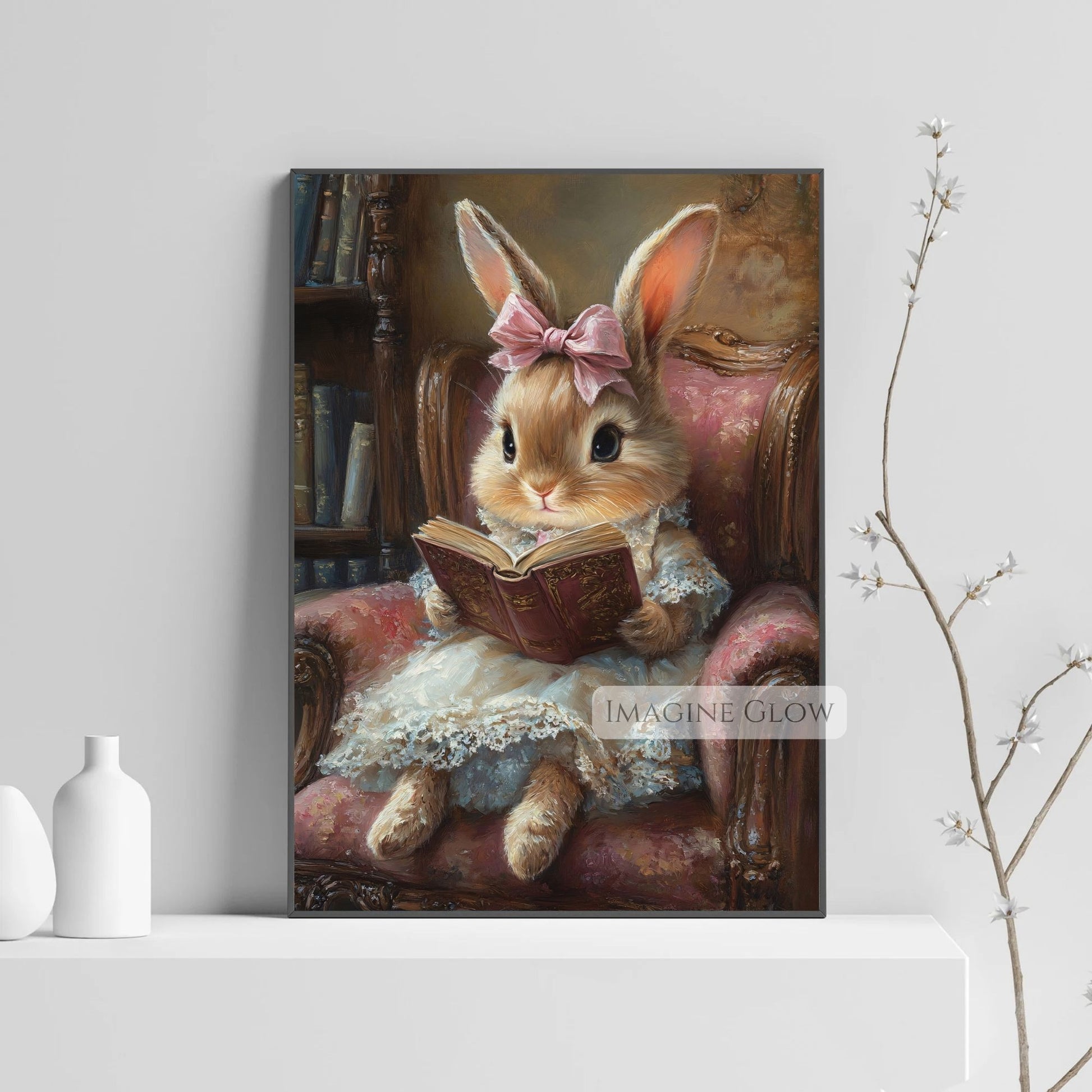 Whimsical bunny reading art for girls
Adorable bunny wall art for kids bedroom