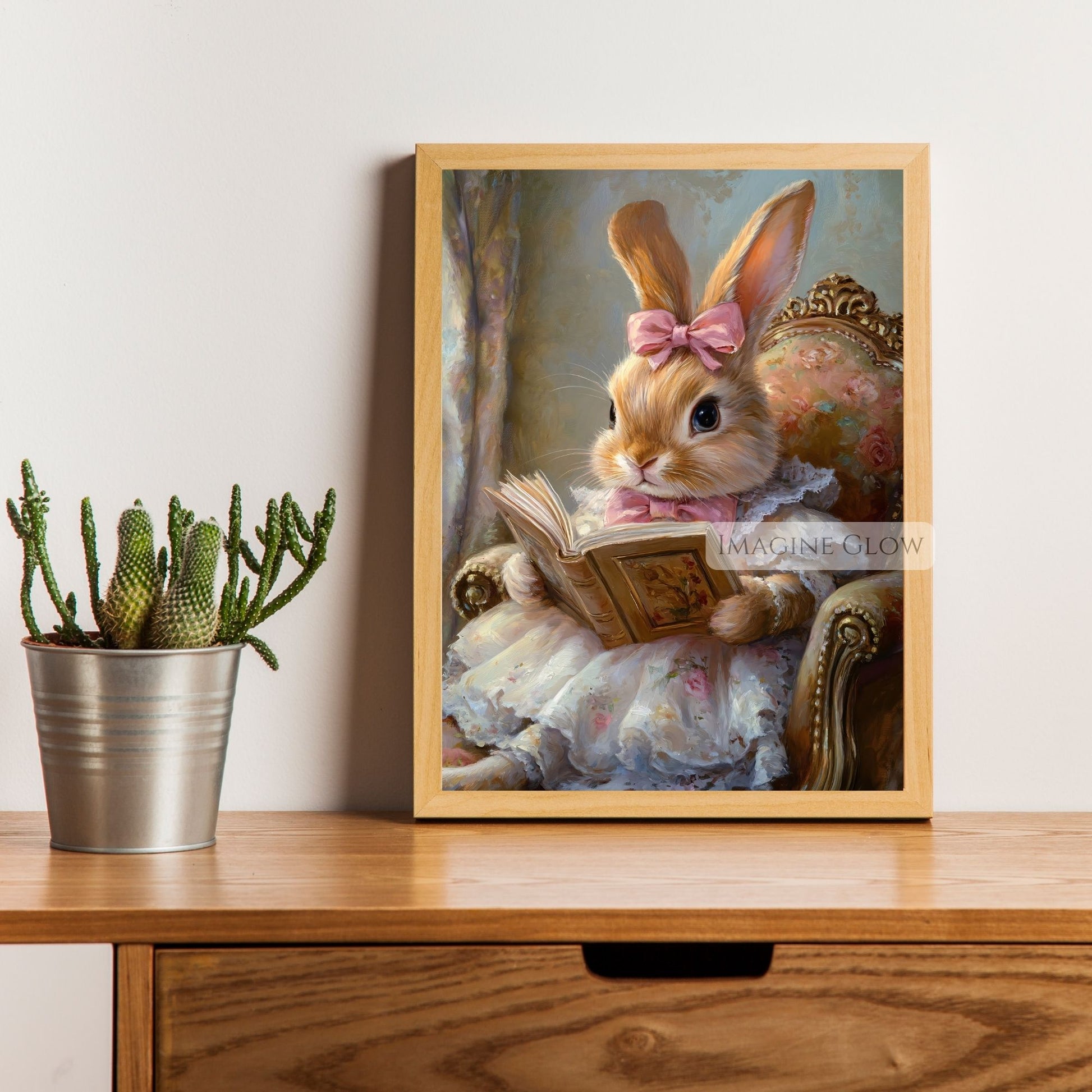 Cute bunny reading artwork for children’s room