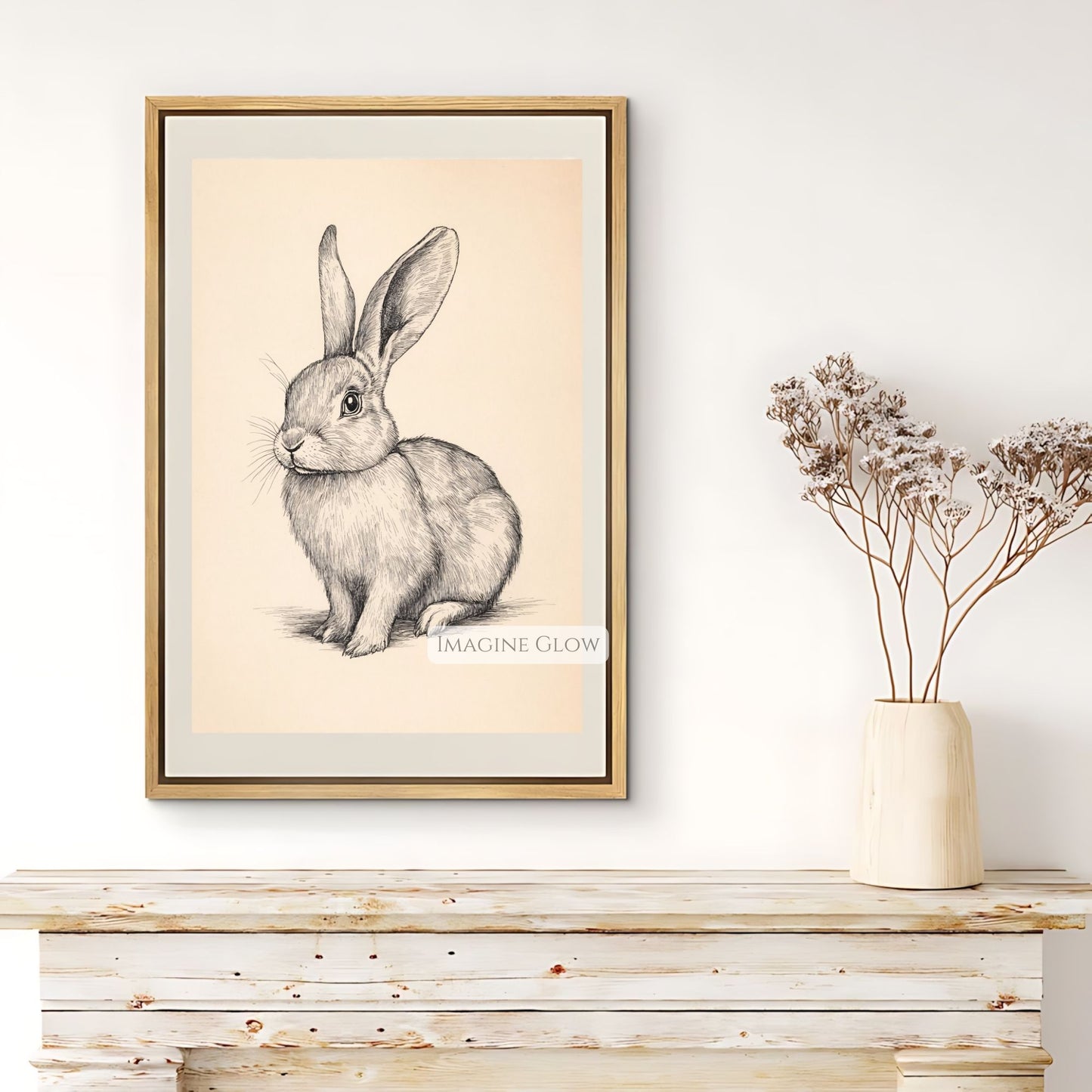 Hand-drawn vintage bunny art for rustic farmhouse walls.