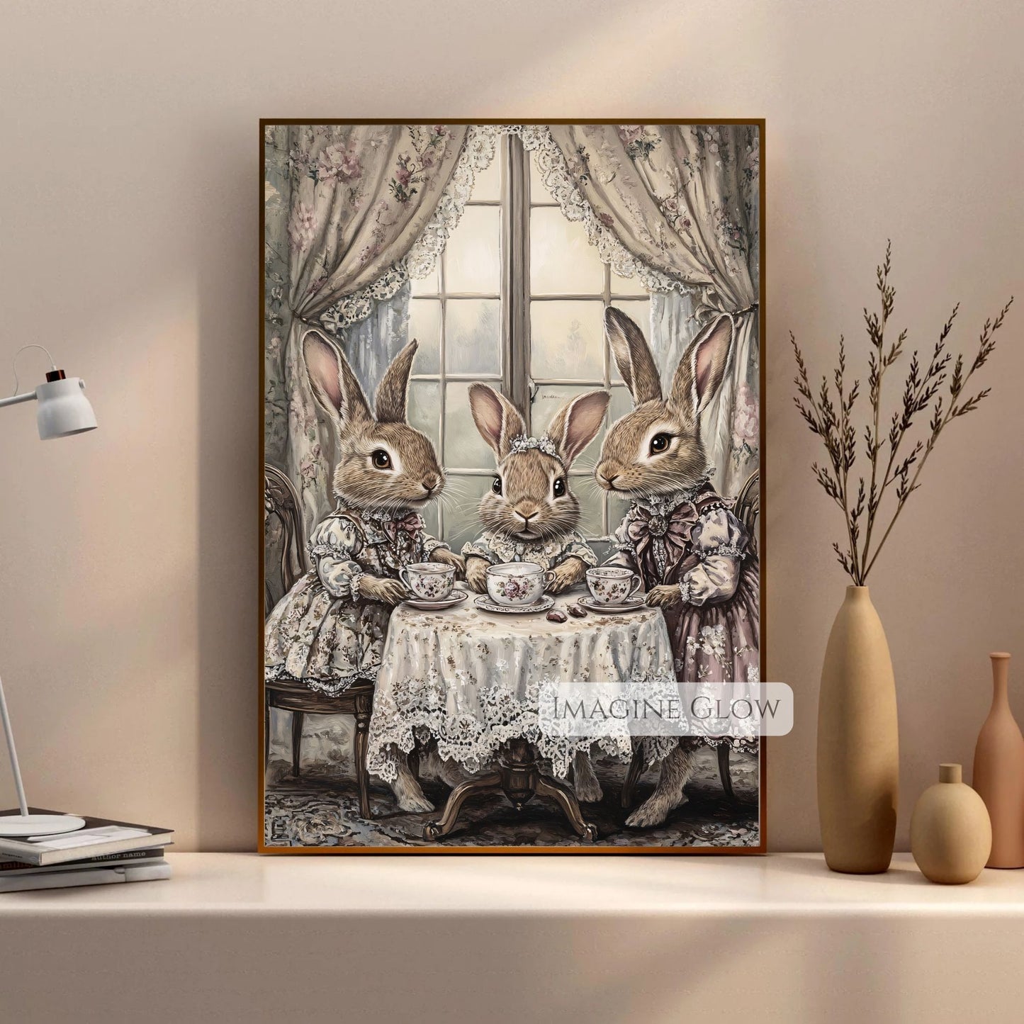 Antique-style rabbit family tea time illustration.