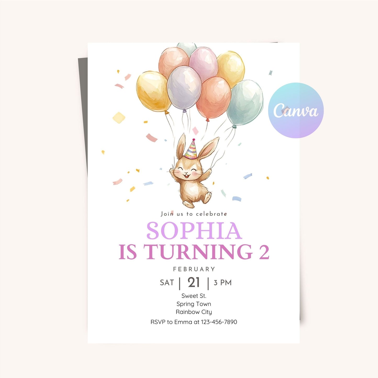 Kids Bunny Birthday Invitation - Editable & Digital