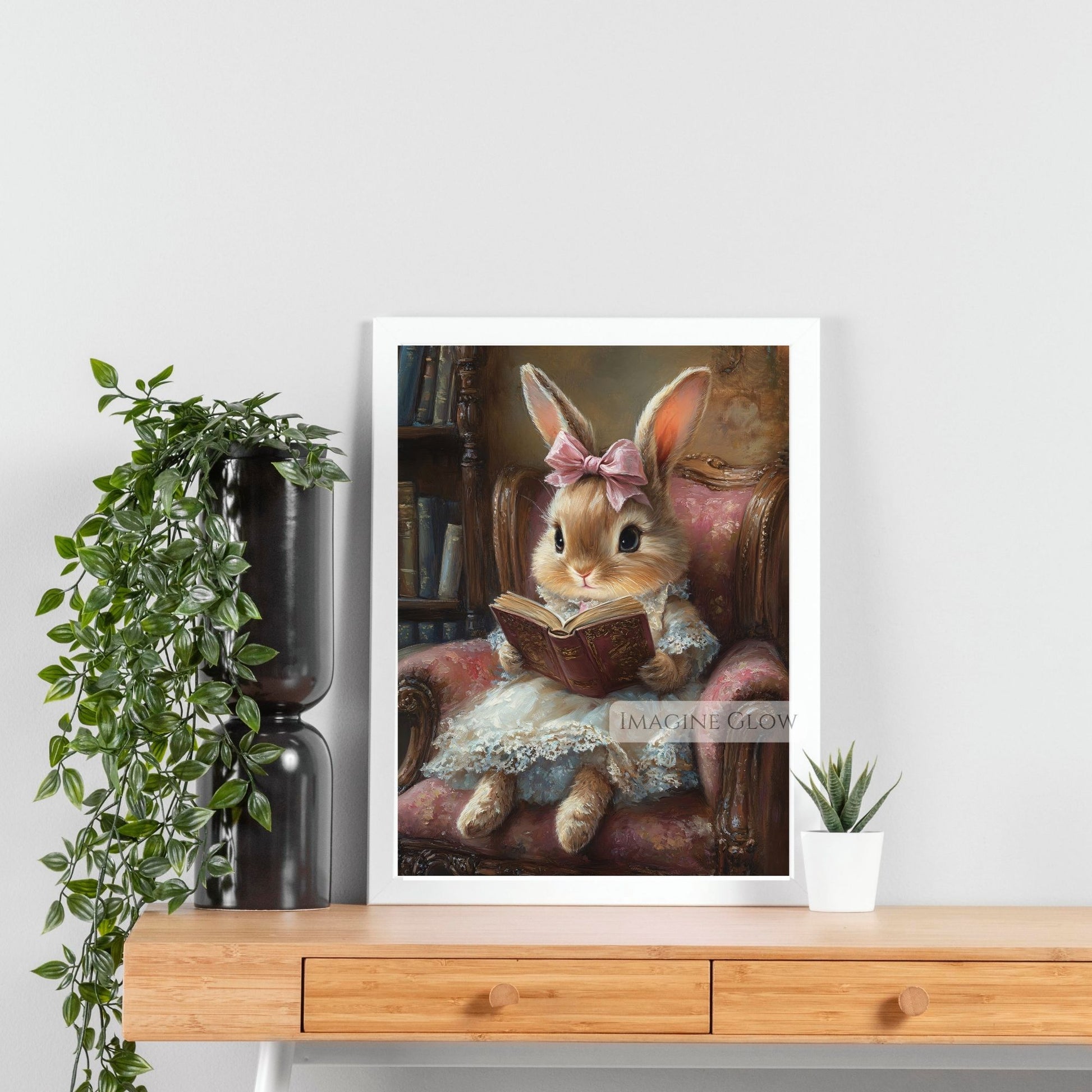 Bunny reading book art for girls room decor