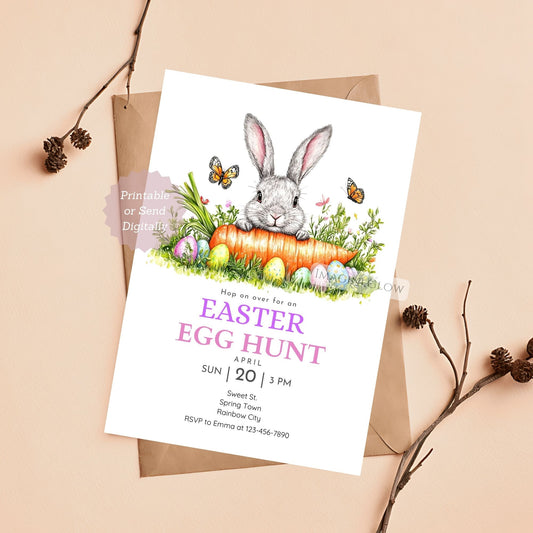 Bunny with Easter Egg and Carrot Invitation for Spring Party