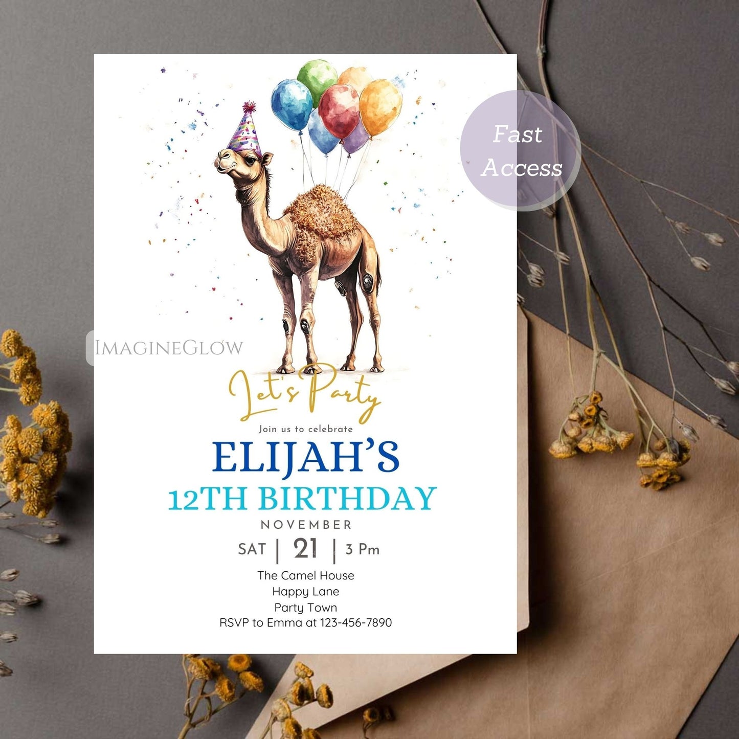 Camel birthday invitation for kids' party