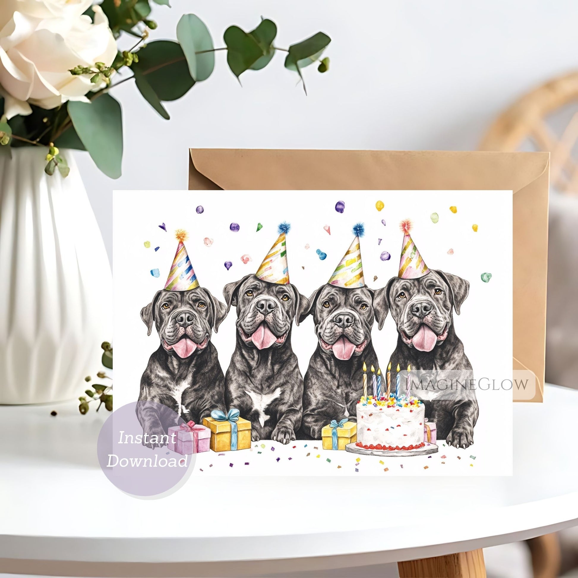 Birthday card with four dogs wearing party hats and a cake 
cane corso birthday card