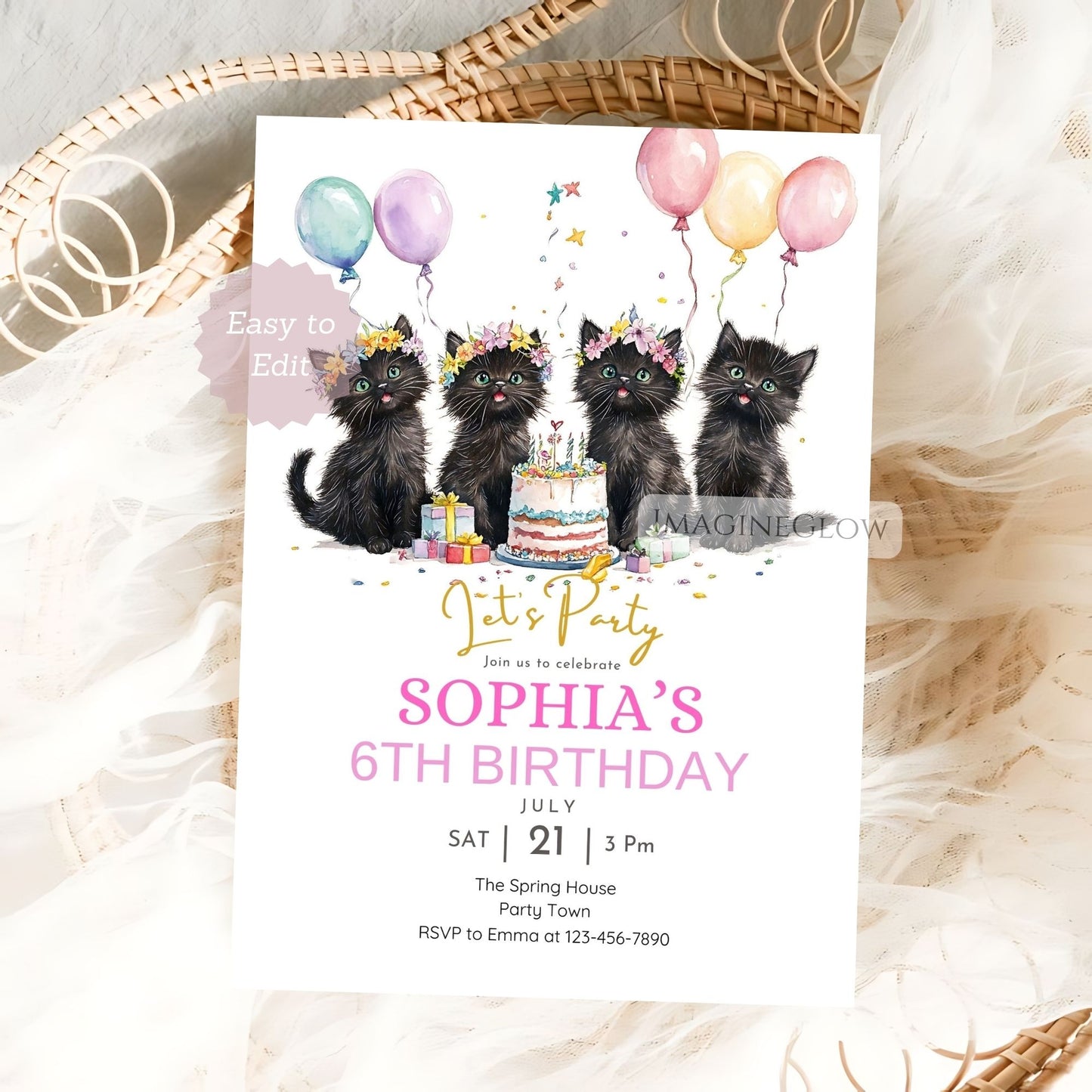 black kitten party invitation digital download