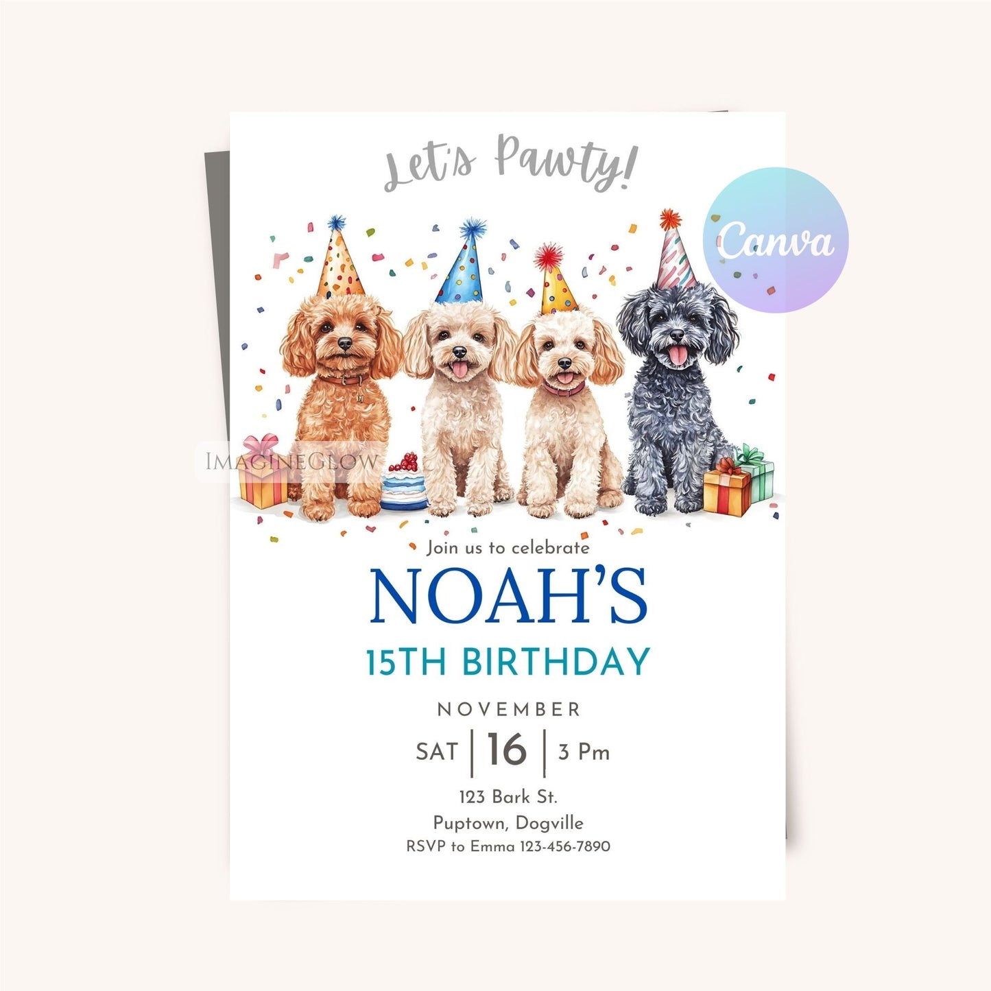 Digital dog birthday invitation with a Poodle illustration.