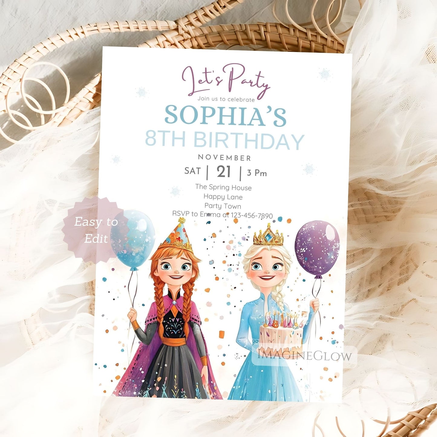 Frozen birthday invitation with Elsa and Anna