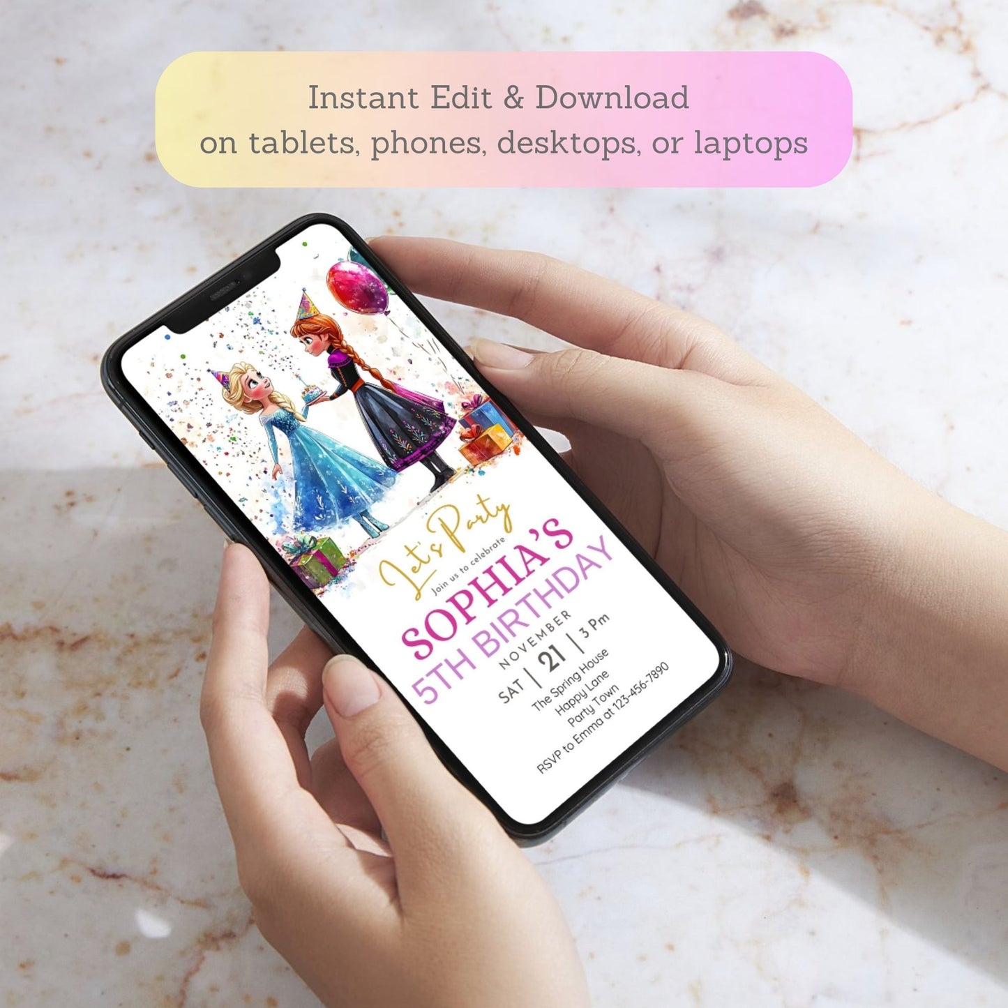 Winter wonderland themed party invitation
Frozen Canva editable birthday invitation