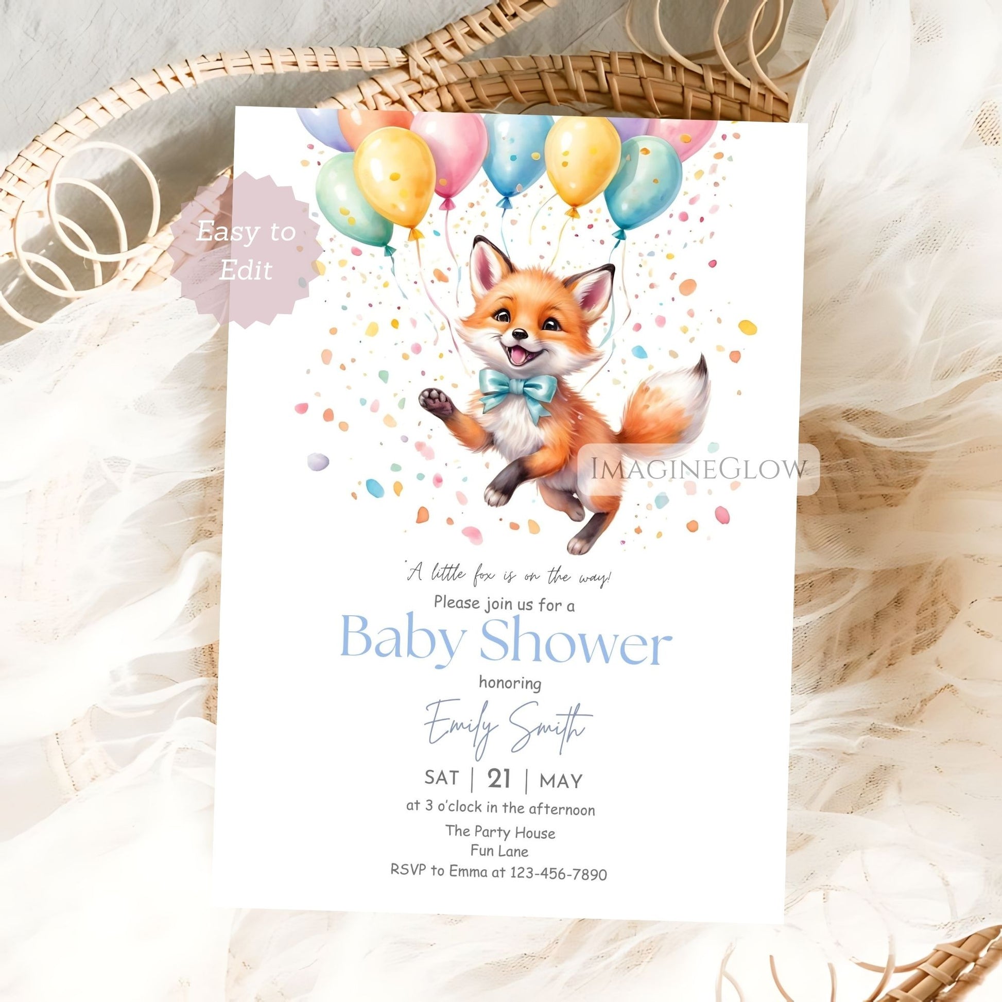 fox baby shower invitation with balloons