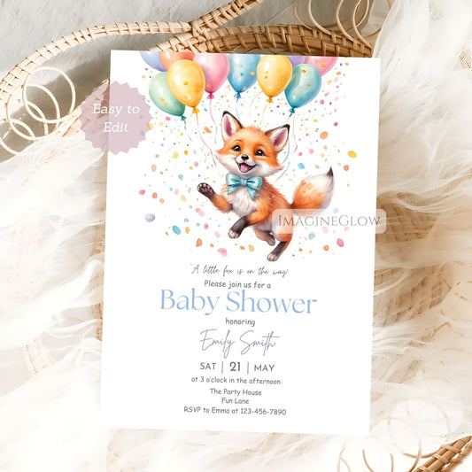 fox baby shower invitation with balloons