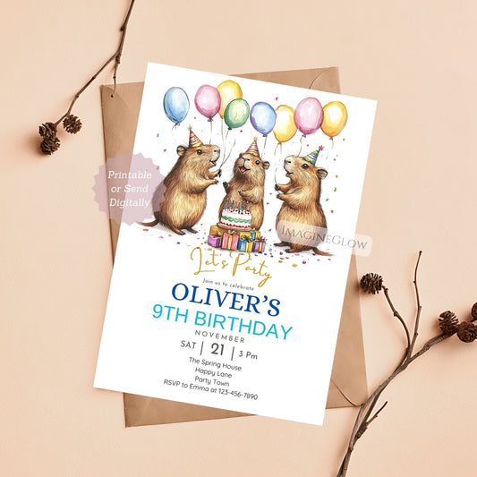 Cute capybara birthday invitation with balloons.