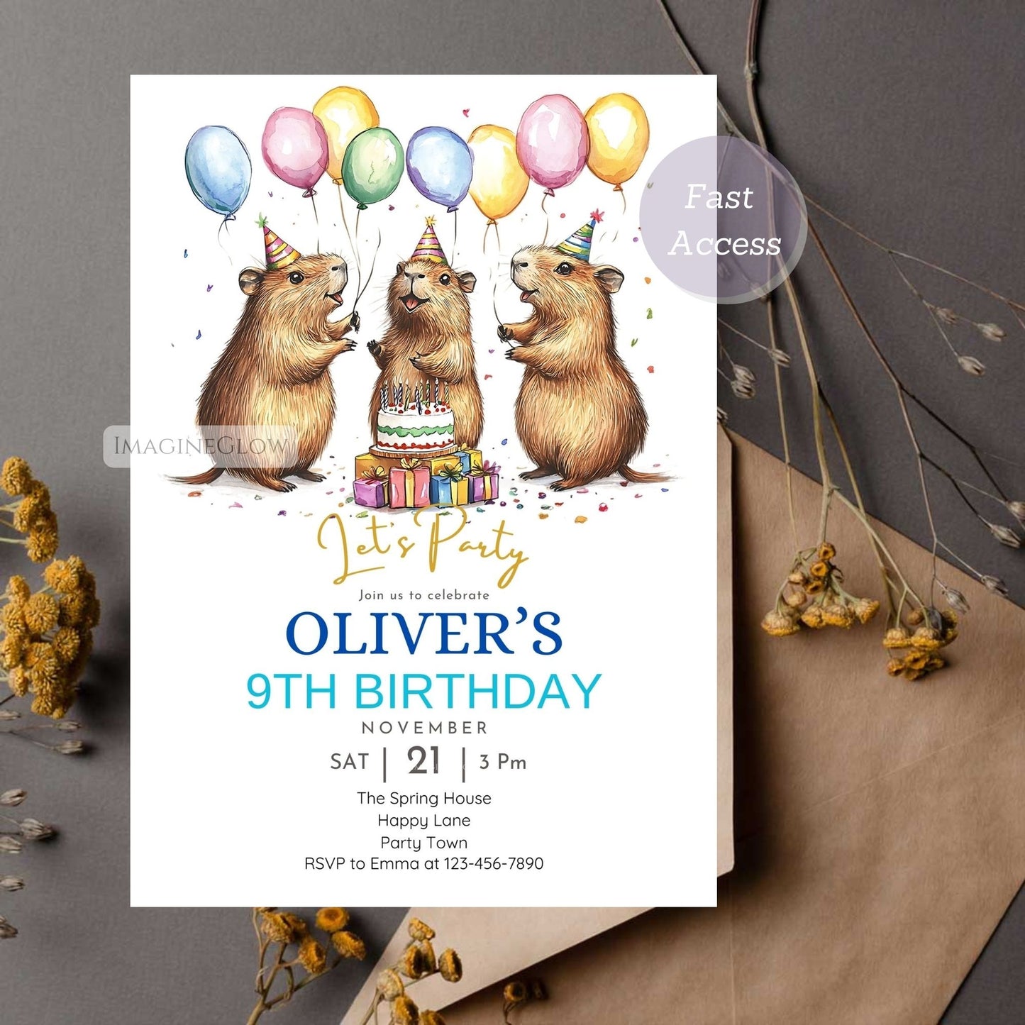 Capybara-themed party invitation digital download.