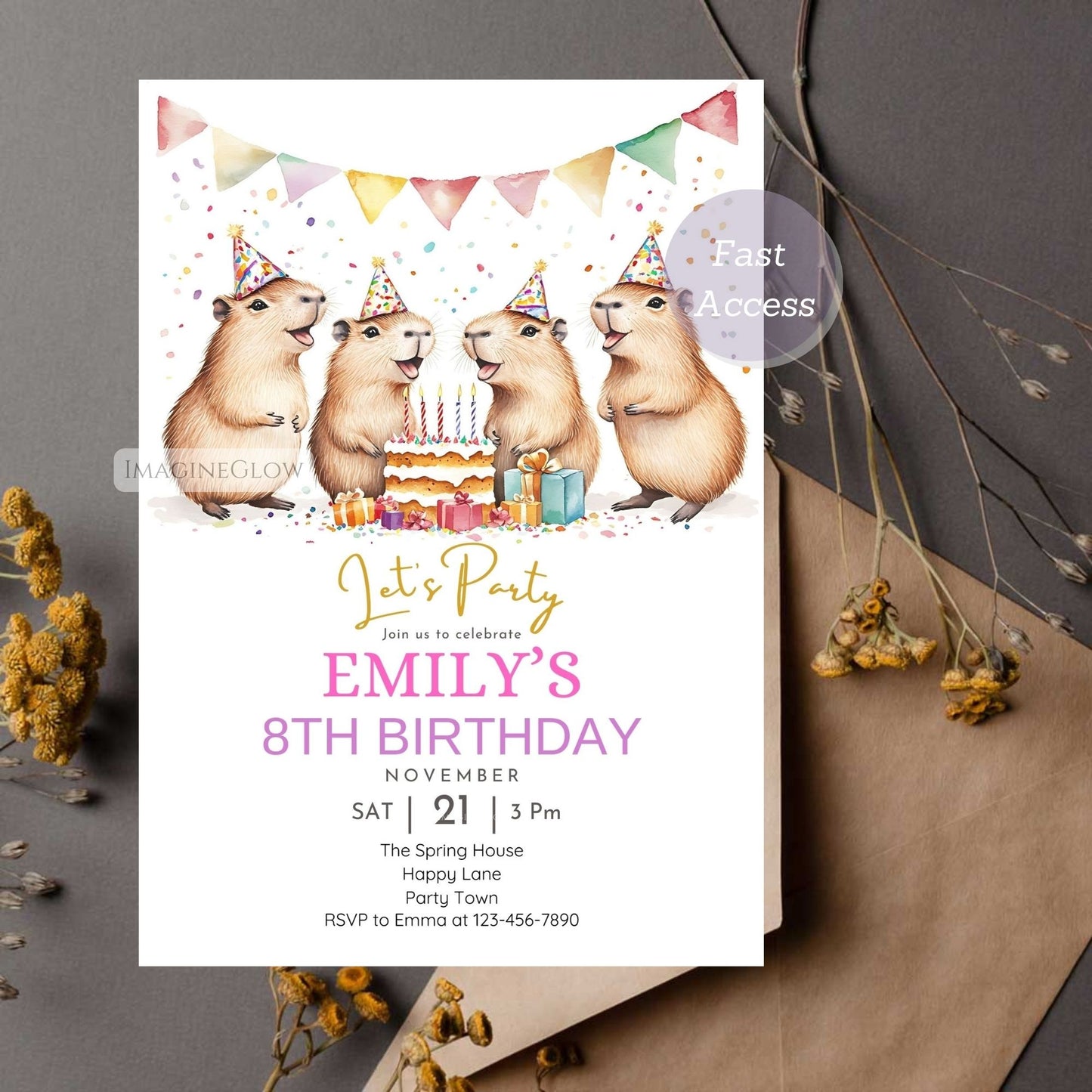 Printable capybara birthday party invitation