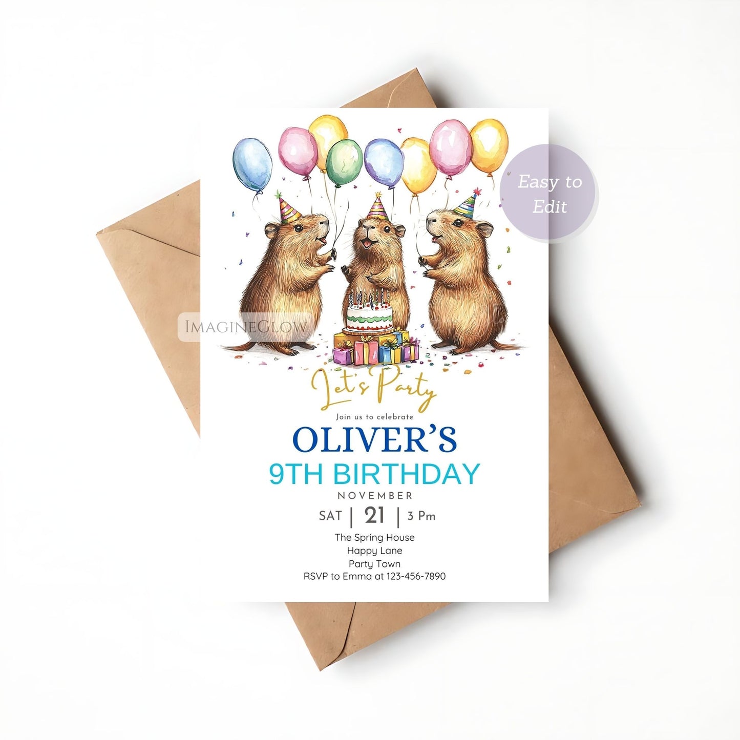 Fun animal birthday invitation featuring a capybara.