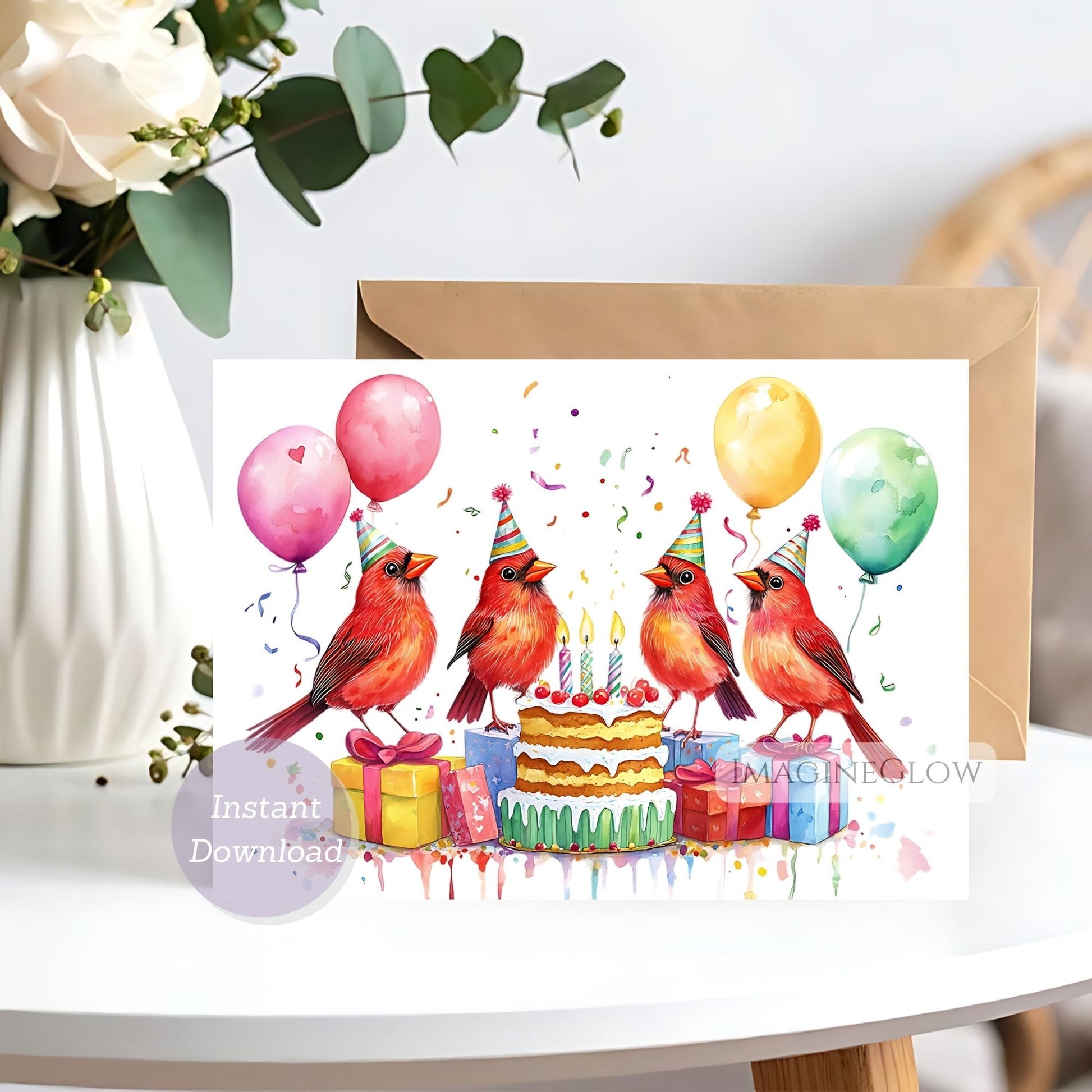 Birthday card with red birds, balloons, and cake on a white surface.