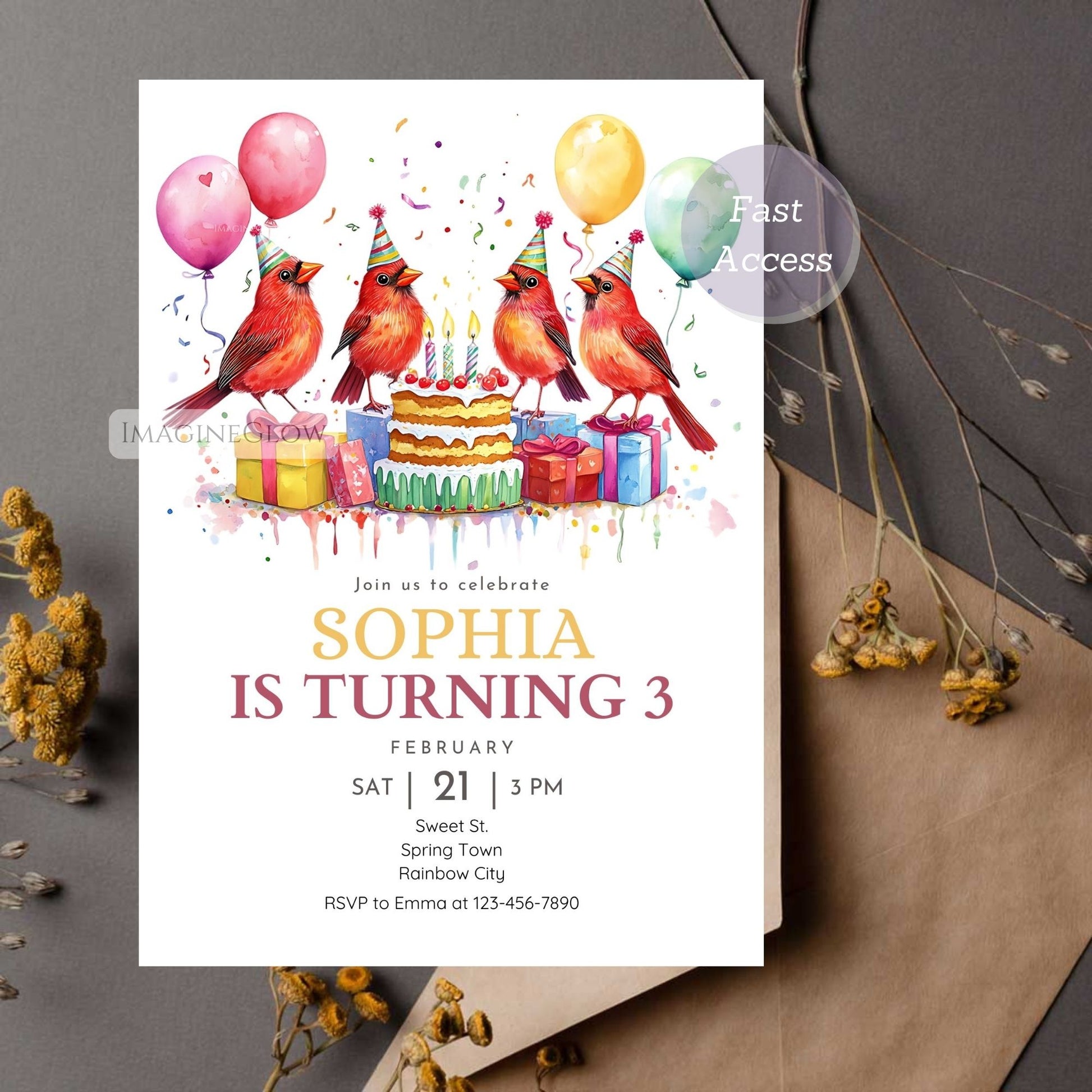 Red bird-themed party invite for nature lovers
