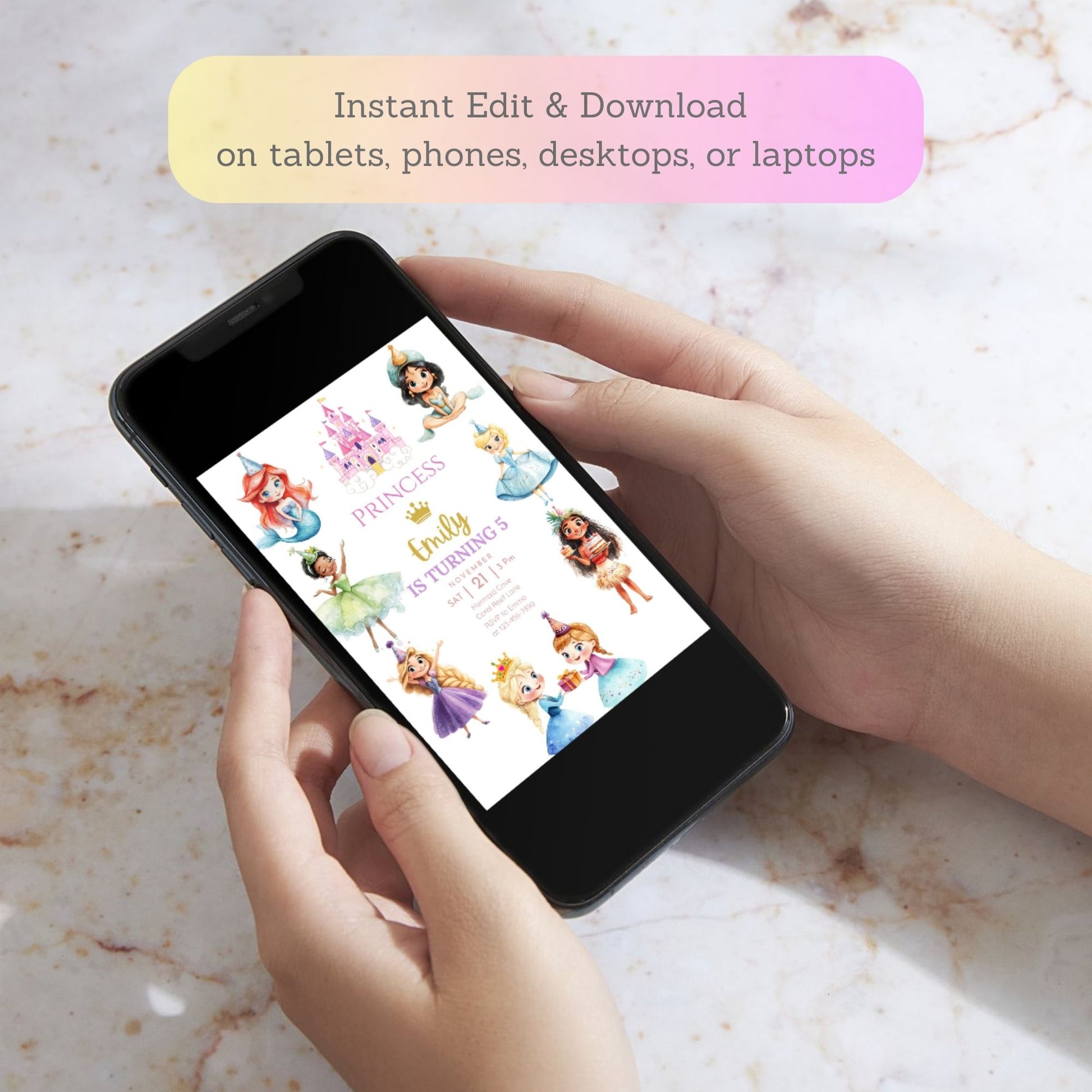 Printable princess party invite
Pink and gold princess birthday card