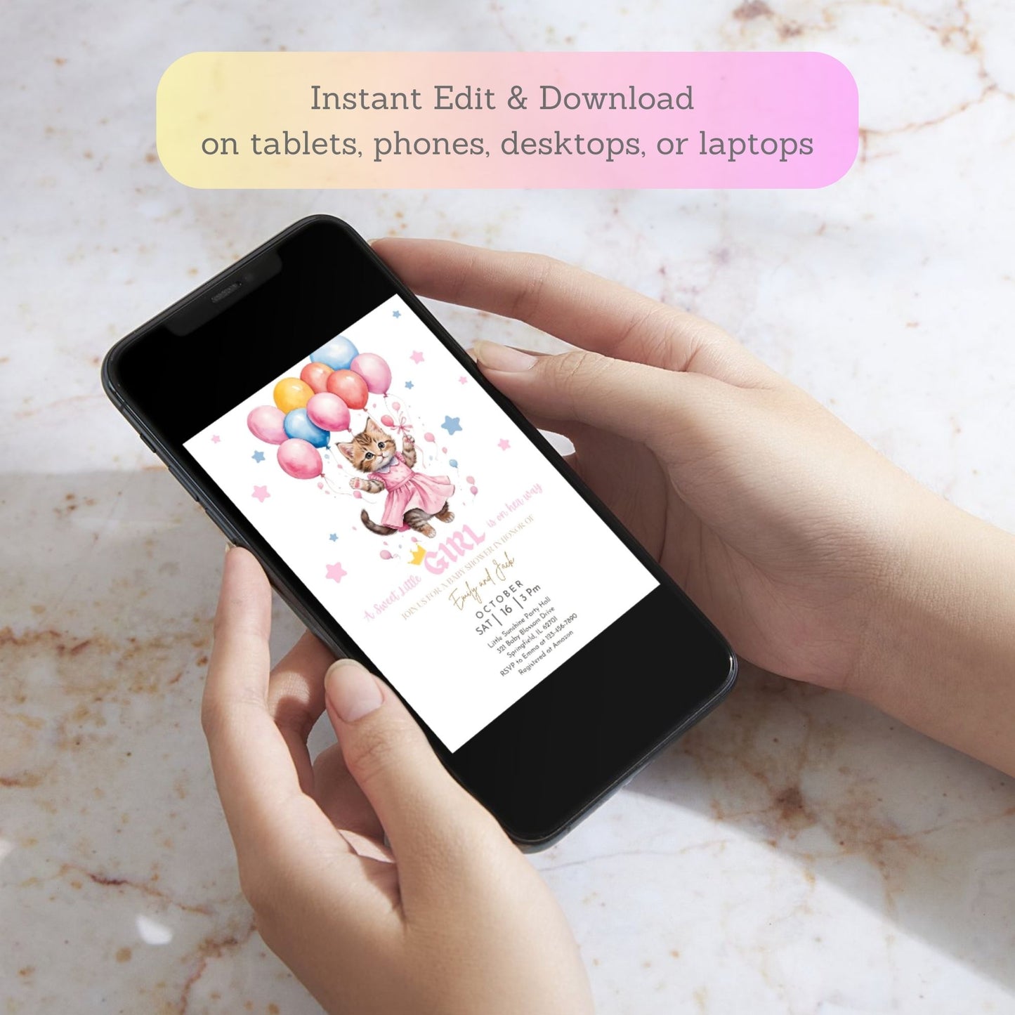 kitten baby shower invite pastel pink