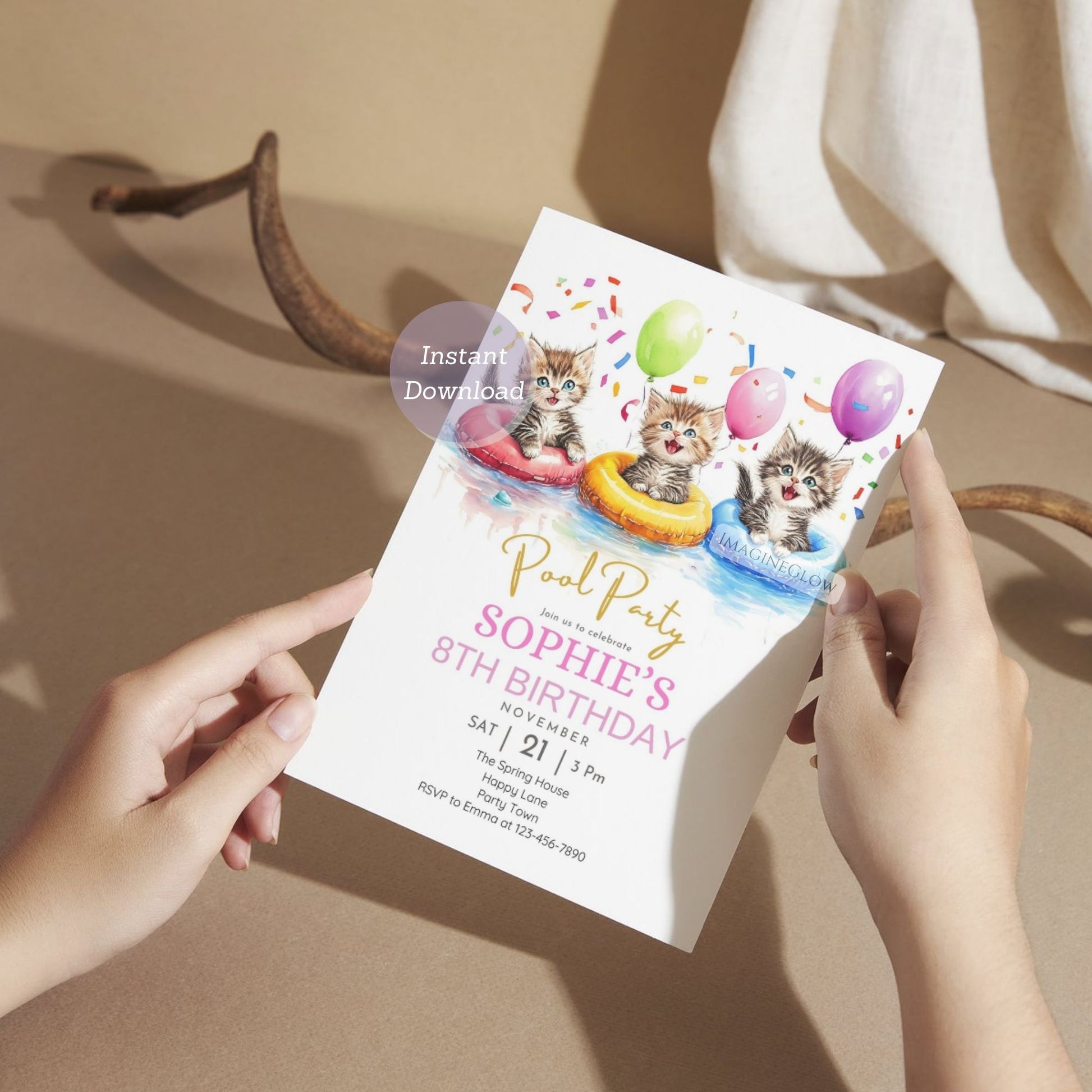 Fun water-themed birthday invitation with a playful kitten.